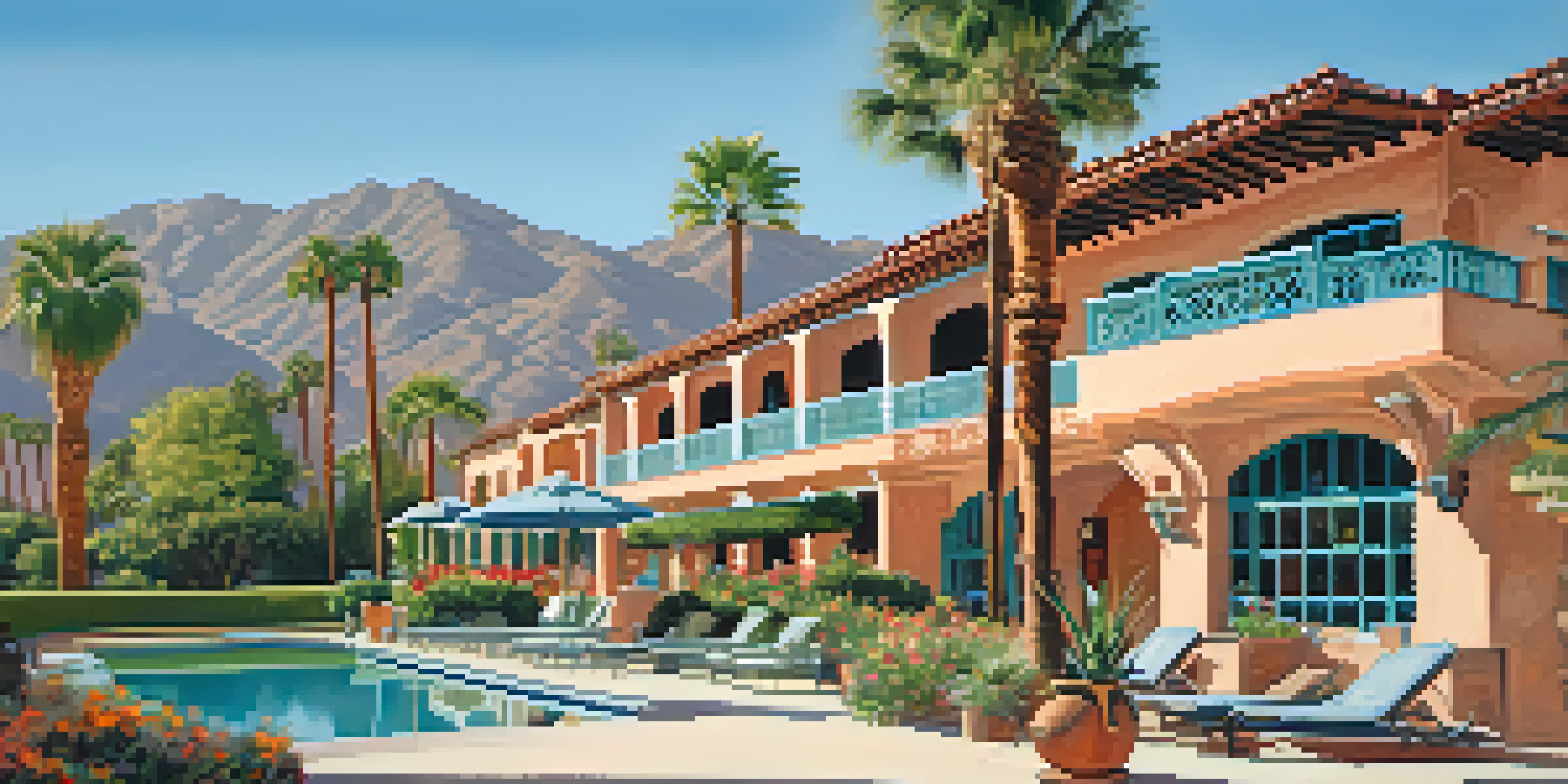 A picturesque scene of The Desert Inn featuring Spanish Colonial architecture, vibrant gardens, and guests relaxing by the pool under a blue sky.