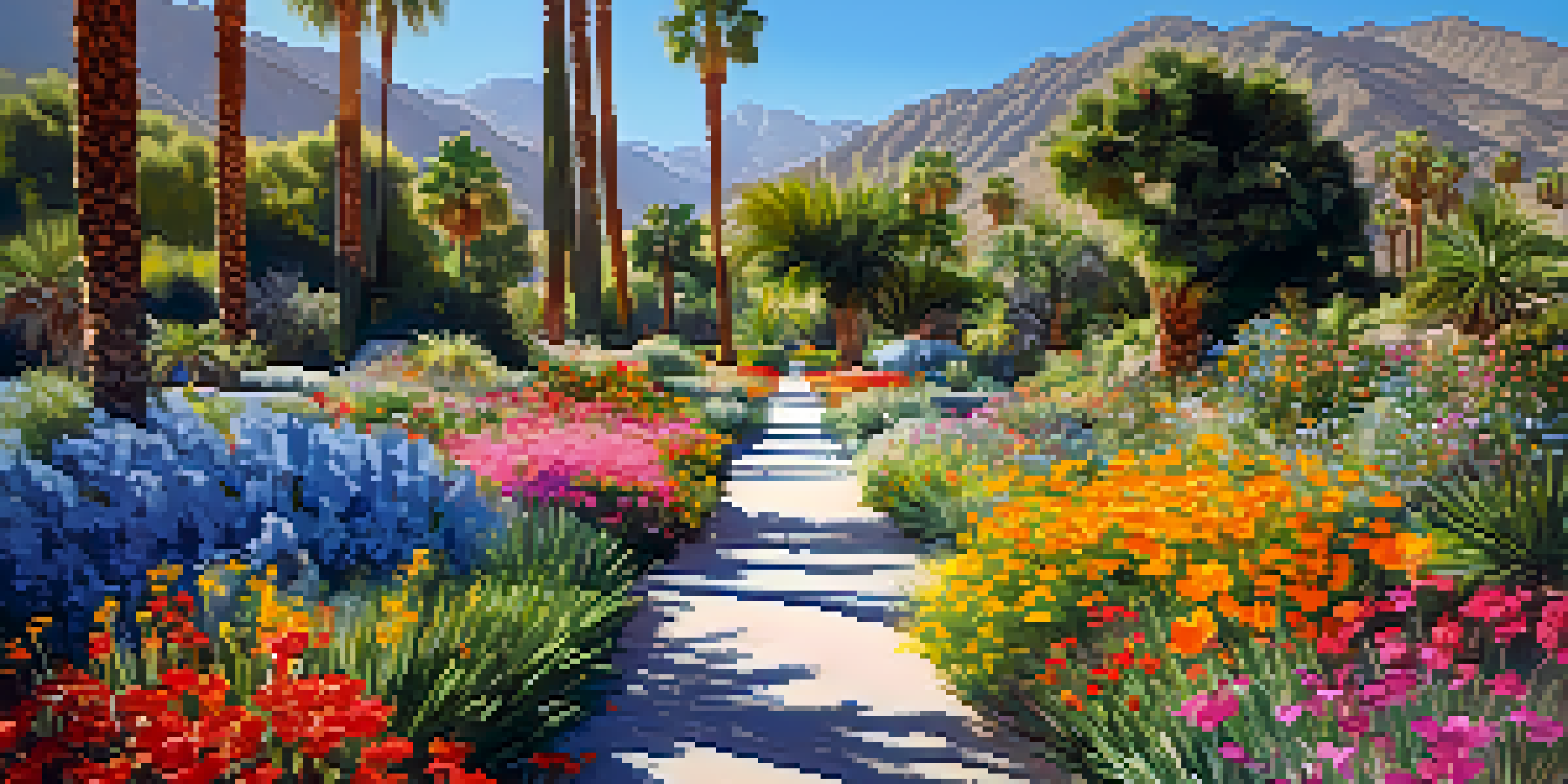A colorful display of blooming wildflowers in the Palm Springs Botanical Gardens with palm trees and sunlight filtering through the foliage.