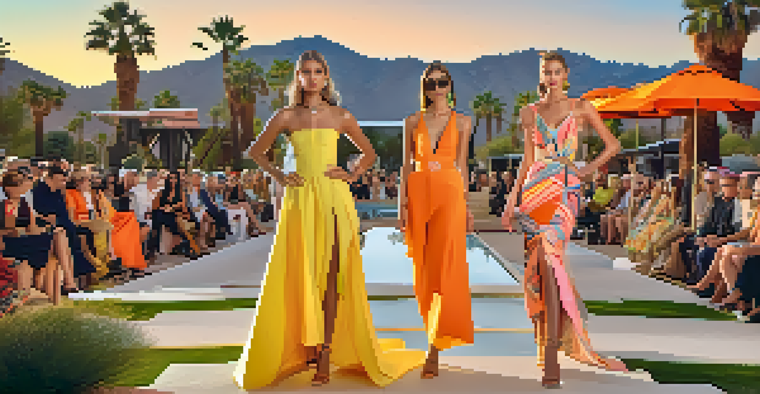 Models displaying sustainable fashion designs at an outdoor event in Palm Springs, with artistic installations and a sunset in the background.