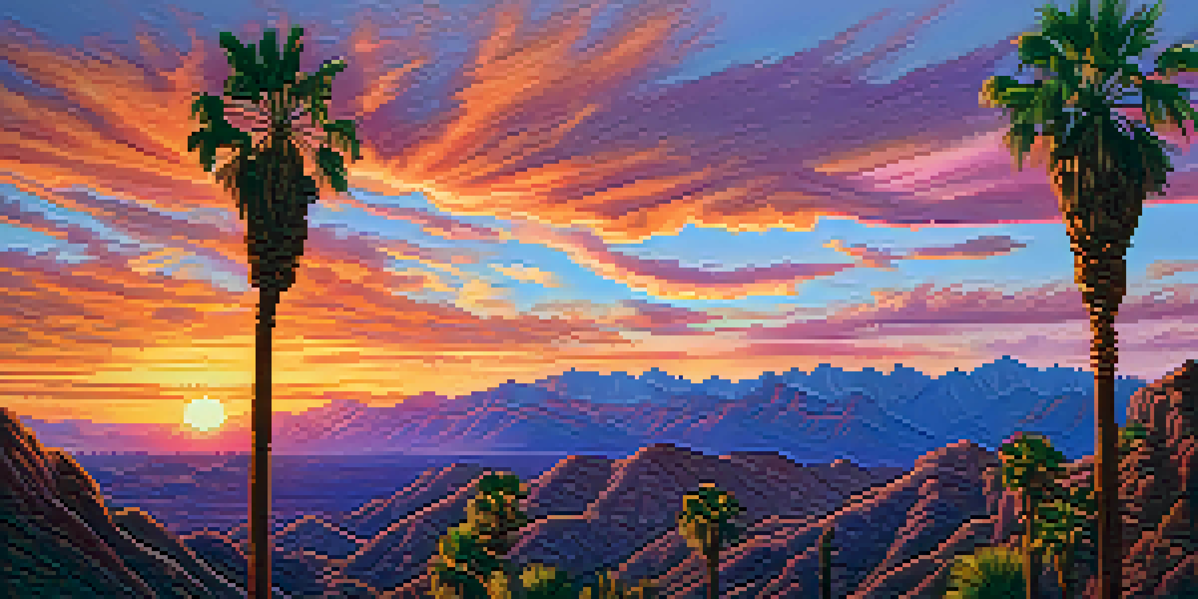 A stunning sunset over mountains with vibrant colors in the sky and silhouetted palm trees in the foreground.