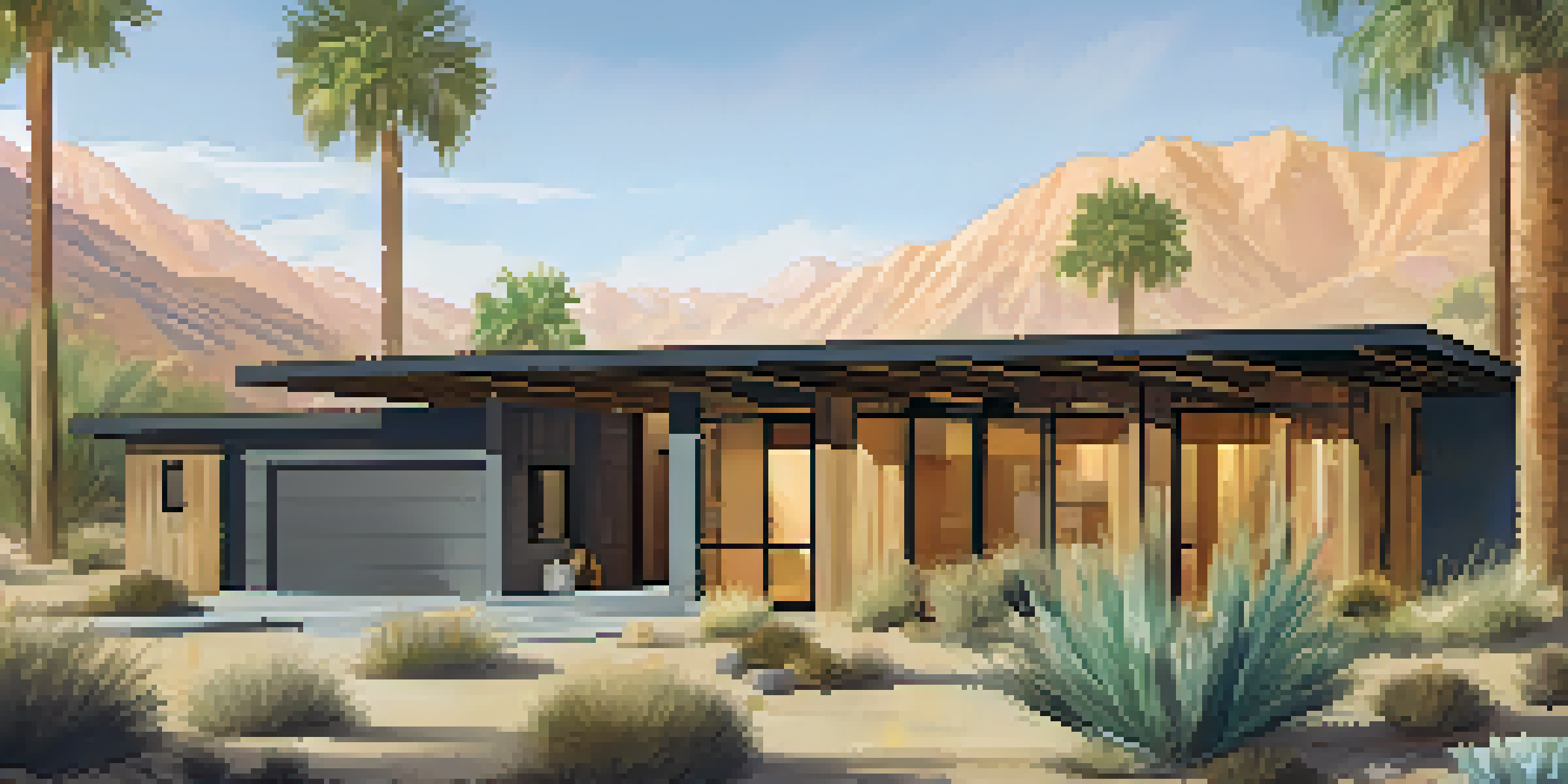 A sustainable home in Palm Springs with solar panels, large windows, and native plant landscaping under bright sunlight.