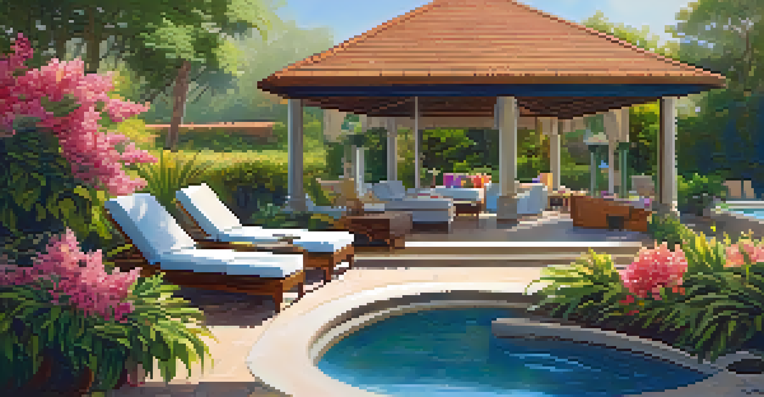 A luxurious spa area with lush gardens and a tranquil pool, illuminated by soft afternoon sunlight.