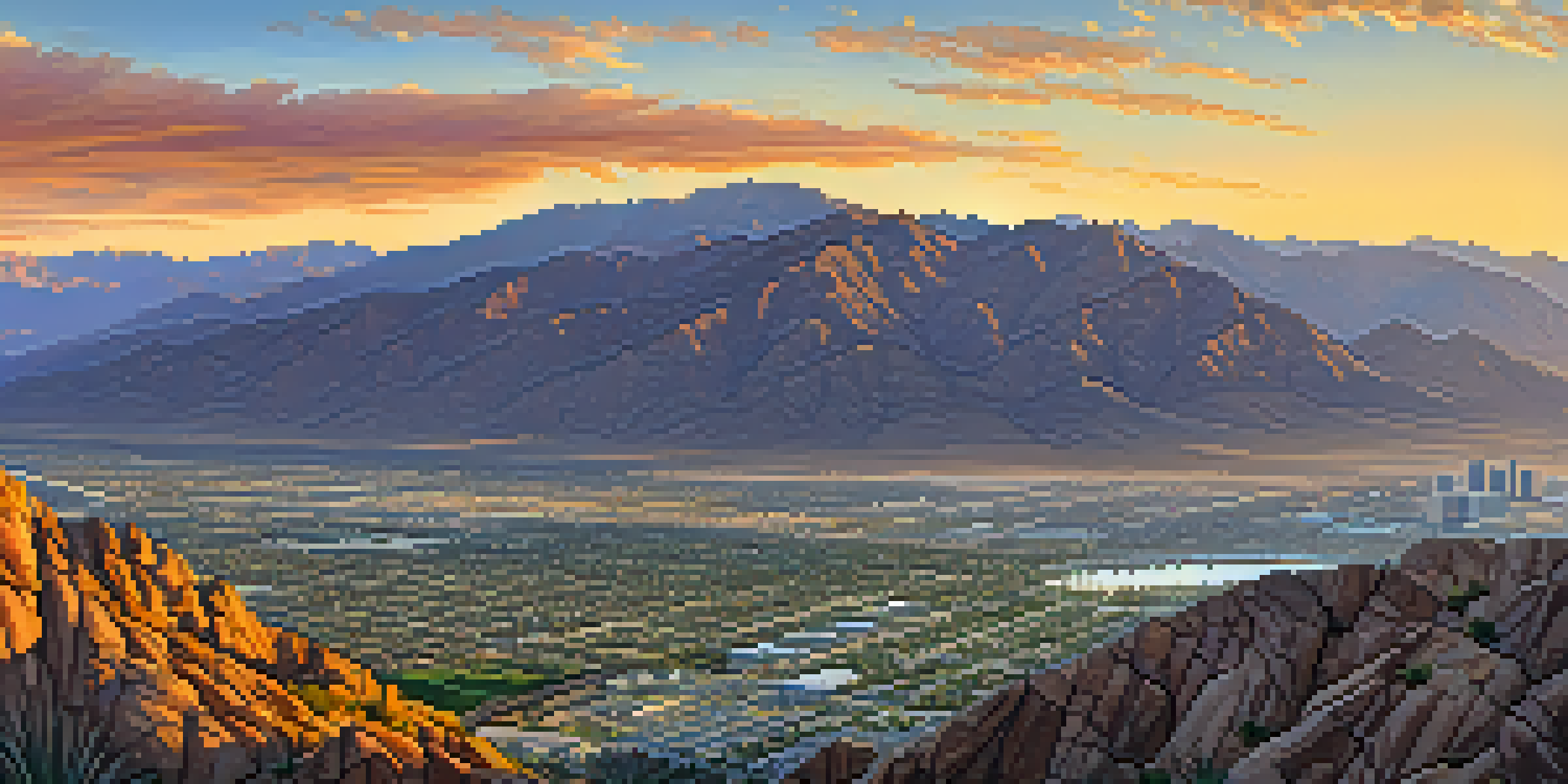 A scenic view from the Palm Springs Aerial Tramway showing mountains and valleys in a warm sunset light.