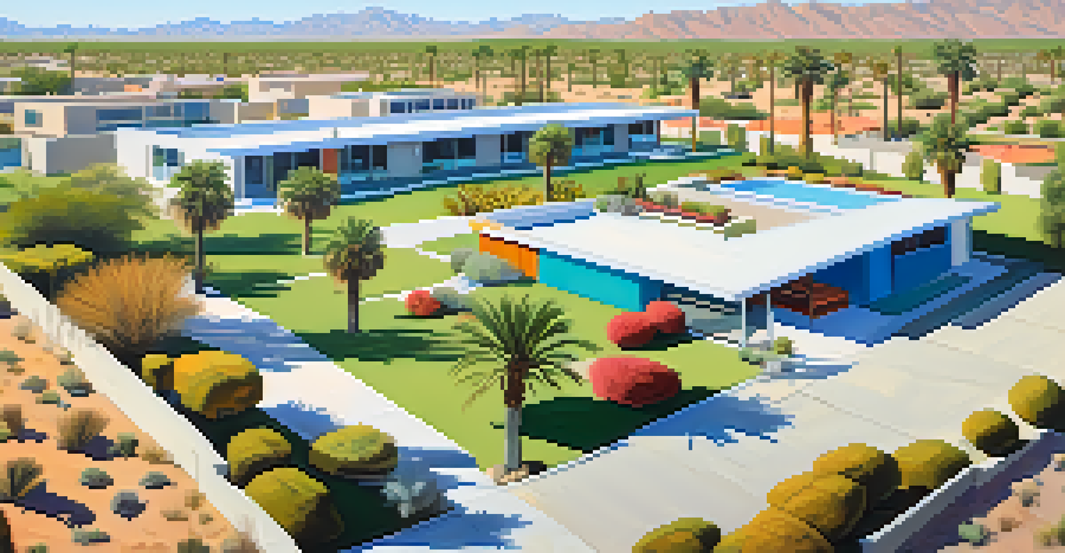Aerial view of Palm Springs with mid-century modern architecture and desert landscaping under a bright blue sky.