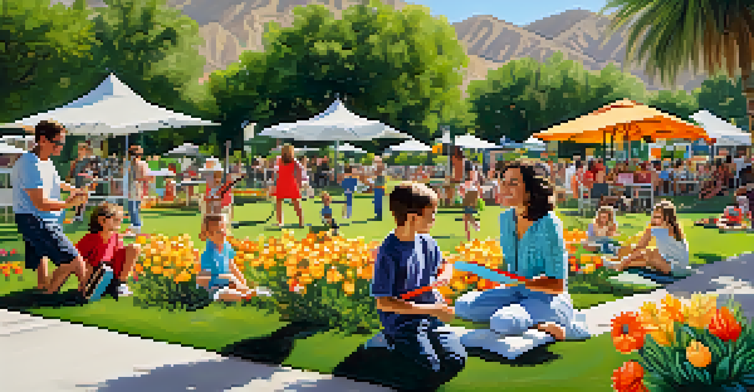 Families enjoying the Music in the Gardens festival with children participating in art projects and local musicians performing in a beautiful garden setting.