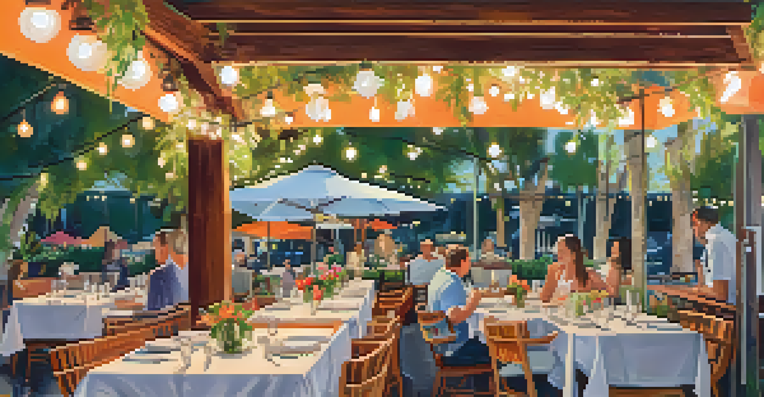 An outdoor dining scene at a restaurant in Palm Springs, with colorful table settings and guests enjoying delicious food.