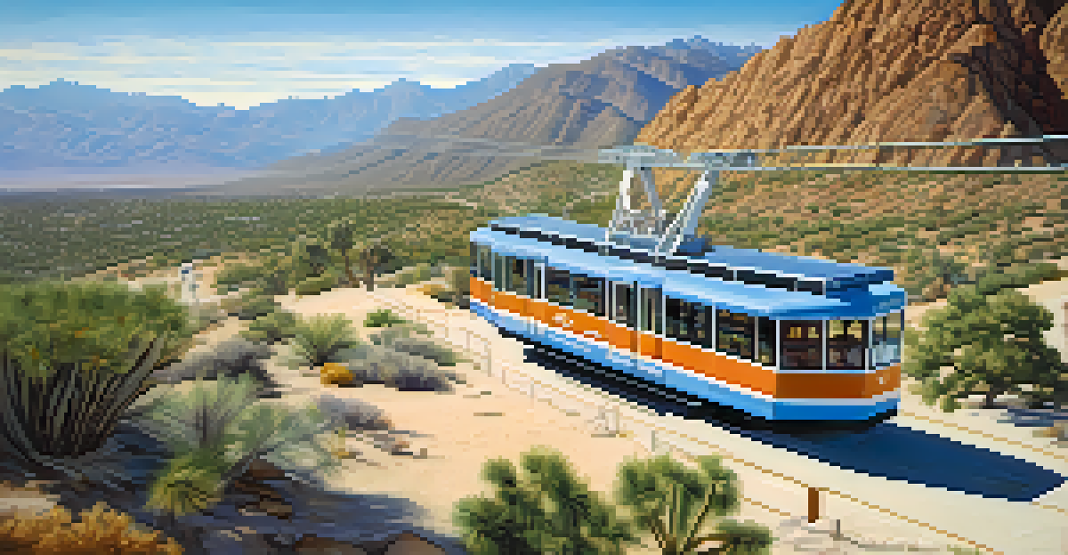 The Palm Springs Aerial Tramway with a tram car ascending over a desert landscape and mountains.