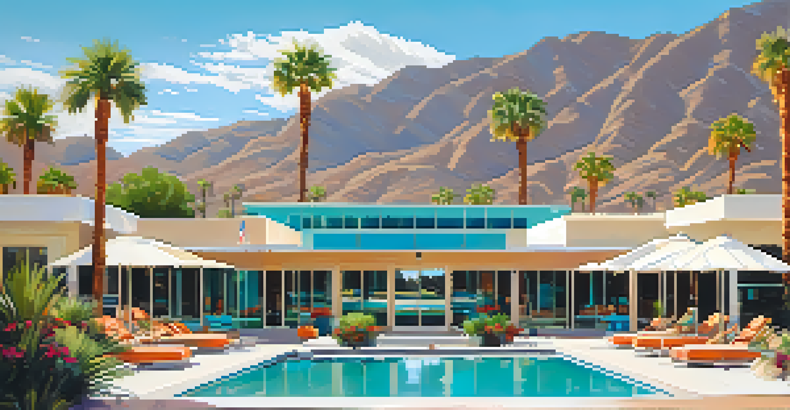 A luxurious wellness center with an outdoor pool surrounded by palm trees and vibrant flowers, with a yoga class nearby.