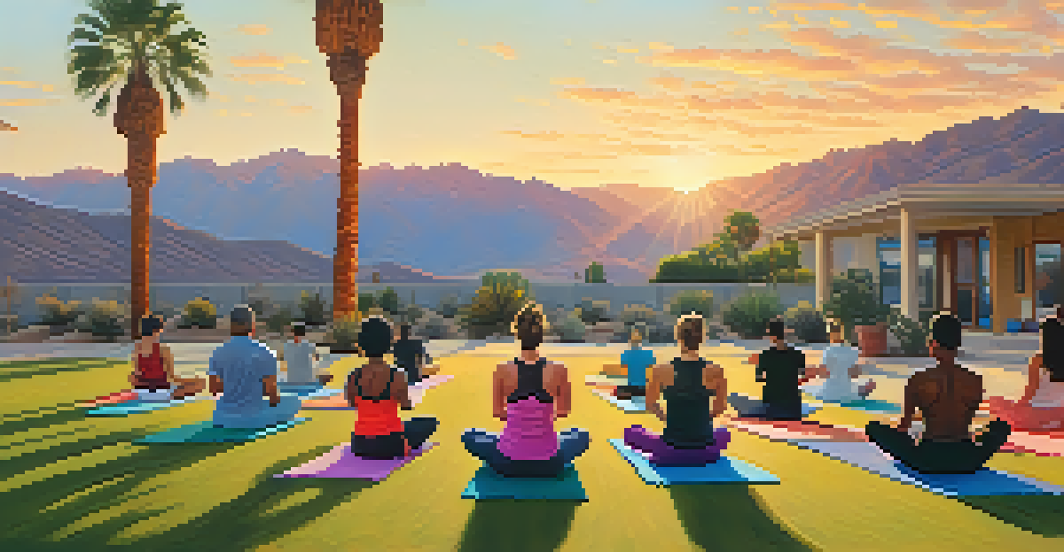 A group of individuals practicing yoga outdoors at sunrise with mountains and palm trees in the background.