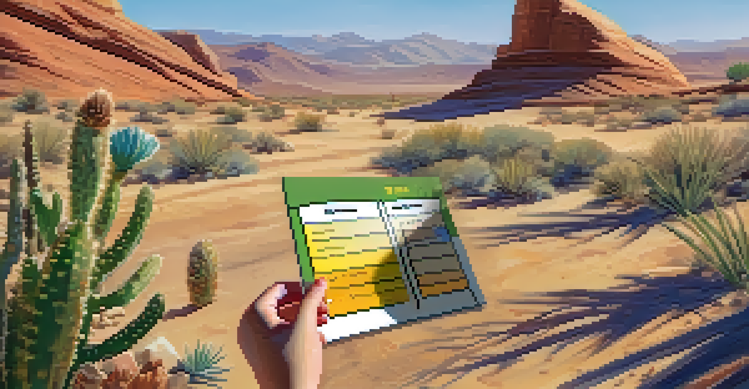 A child's hand holding a scavenger hunt checklist in the desert, with colorful plants and rocks surrounding them.