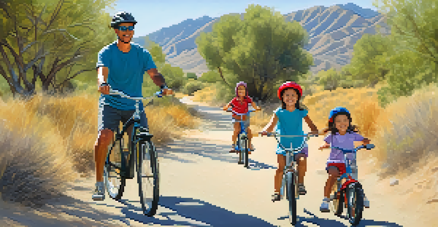 A family biking together on a flat trail in Big Morongo Canyon Preserve, surrounded by natural beauty and wildflowers.