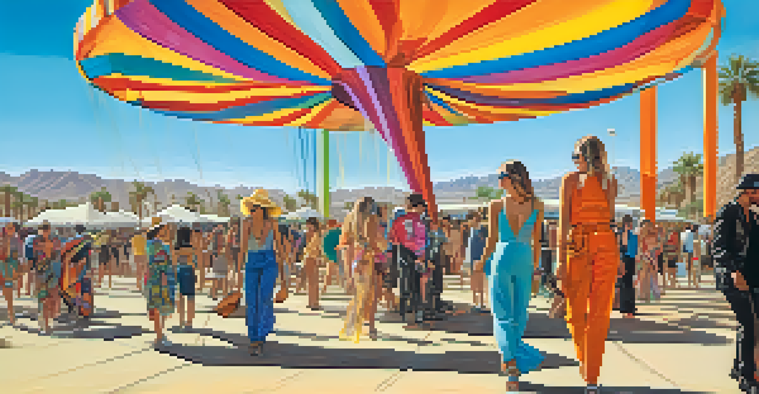 Festival-goers at Coachella Valley wearing diverse and fashionable outfits amidst colorful art installations.