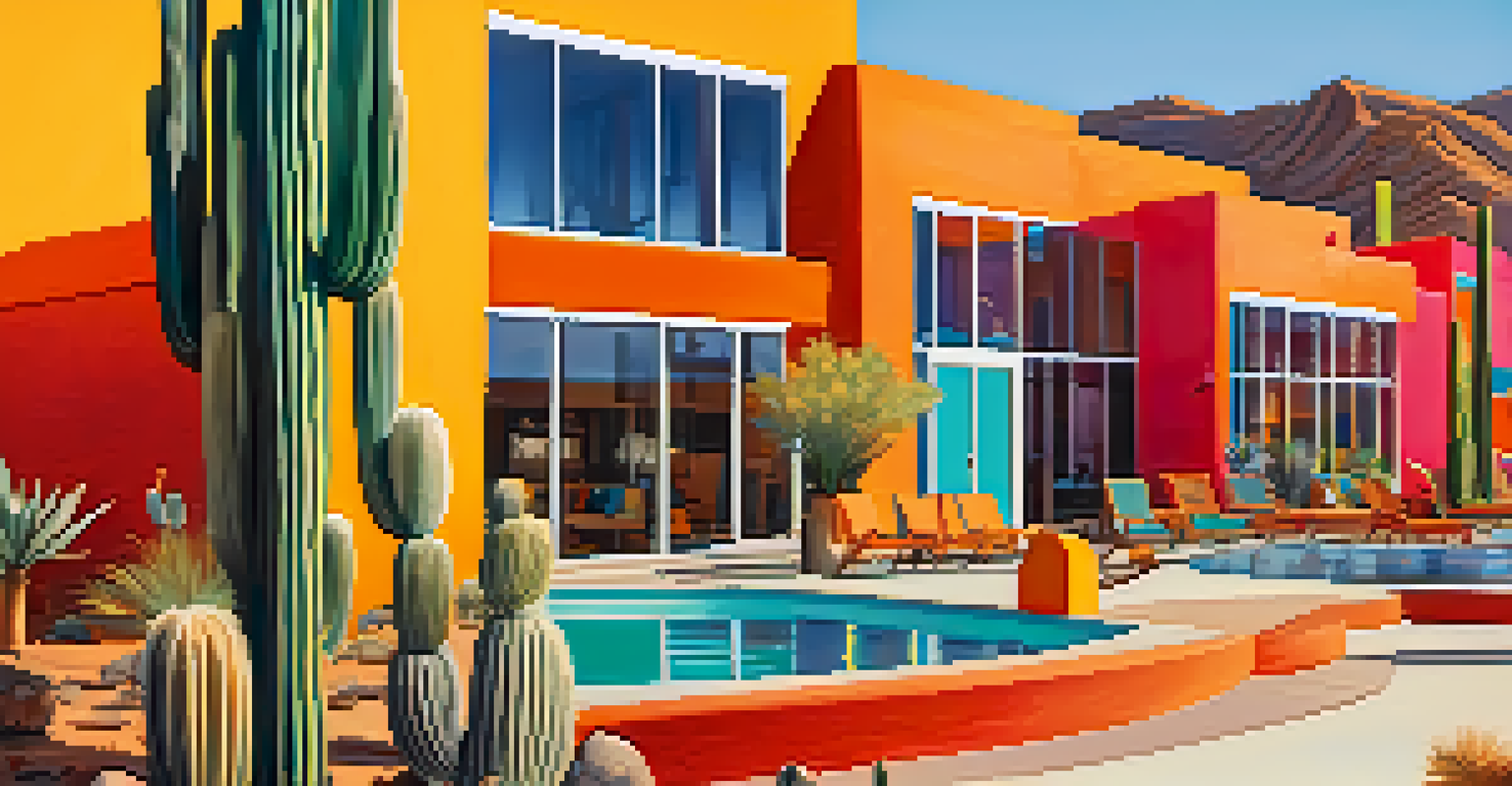 The colorful facade of The Saguaro resort showcasing bold architecture and artistic elements.