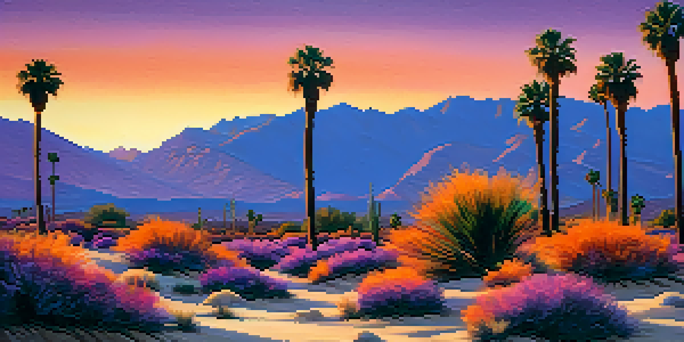 A peaceful desert scene with palm trees silhouetted against a colorful sunset, blooming desert flowers in the foreground, and mountains in the background.