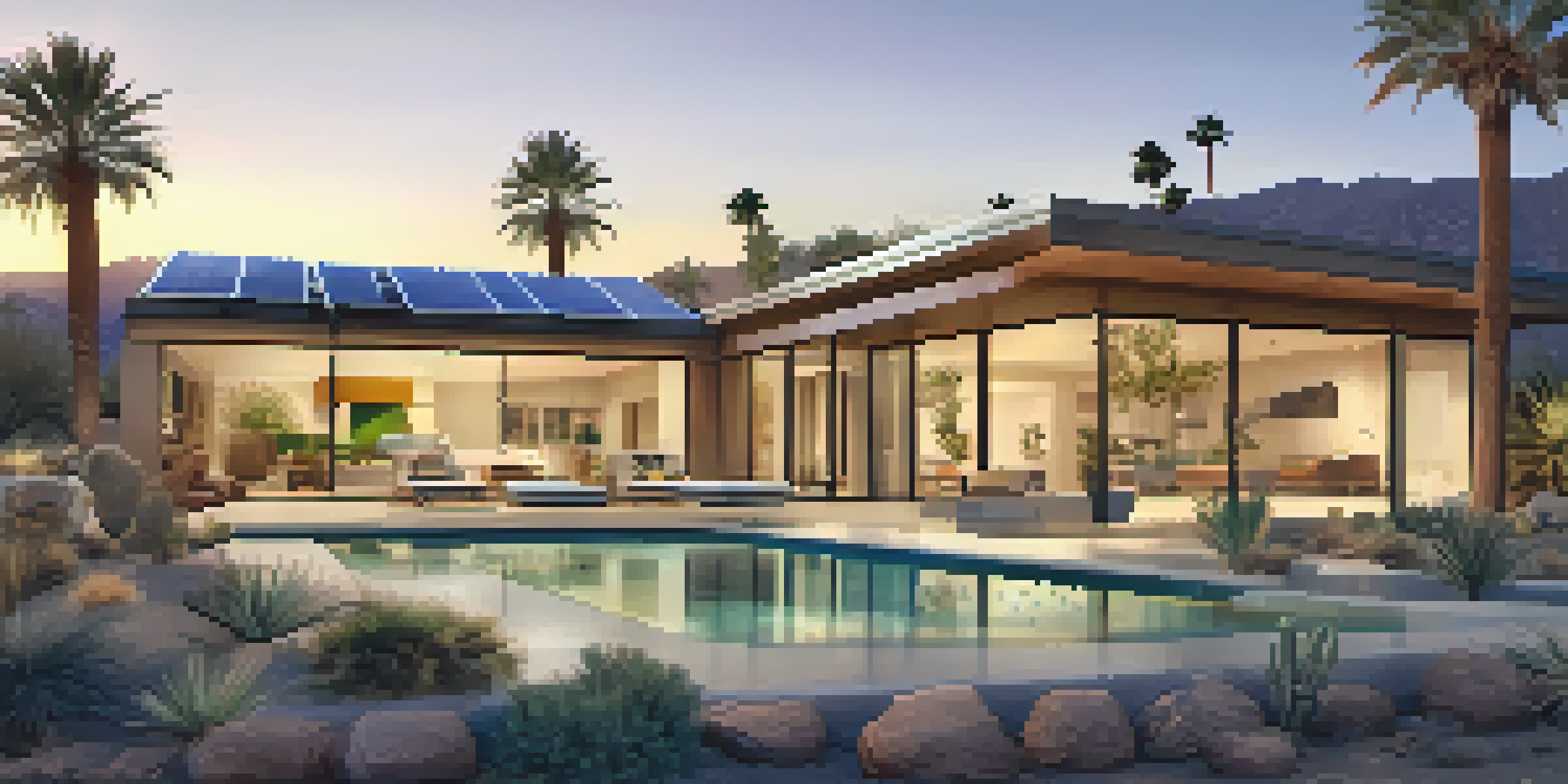 An eco-friendly luxury home with glass windows and solar panels surrounded by desert landscaping at sunset.