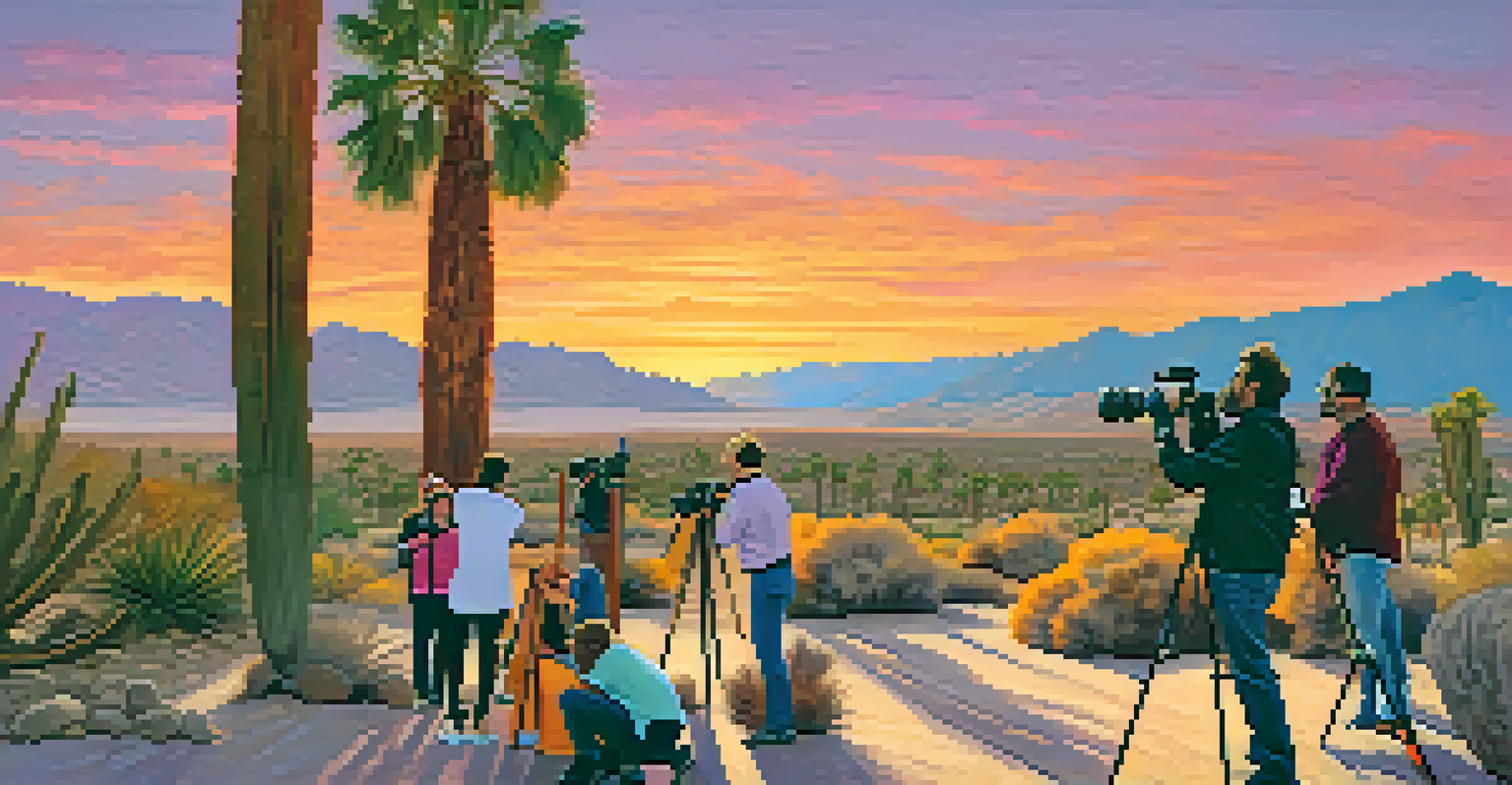 Photographers participating in a workshop in the desert during sunset, capturing the vibrant colors of the sky.