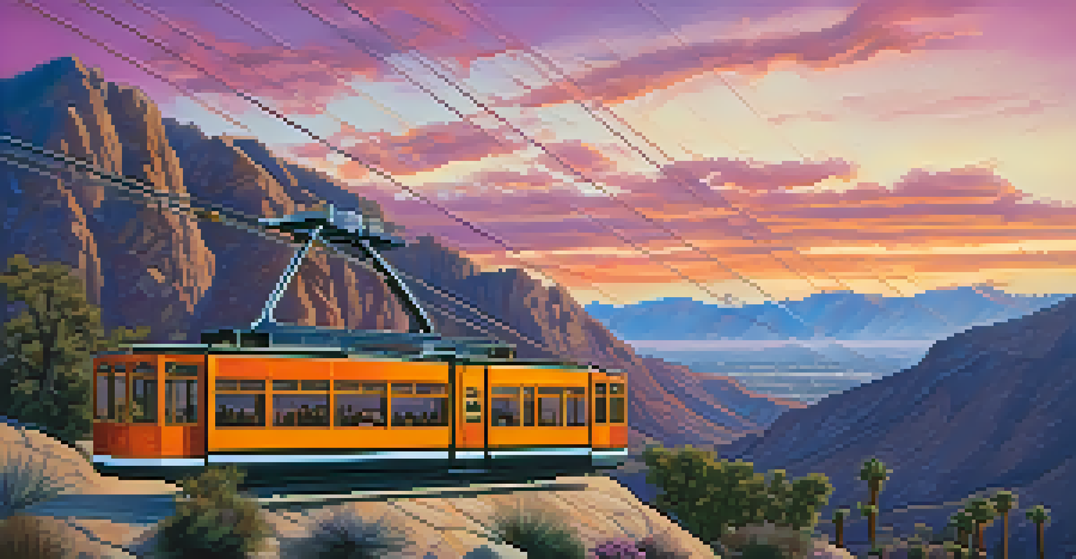 Sunset view of Palm Springs Aerial Tramway ascending mountains, with vibrant colors in the sky and a desert landscape below.