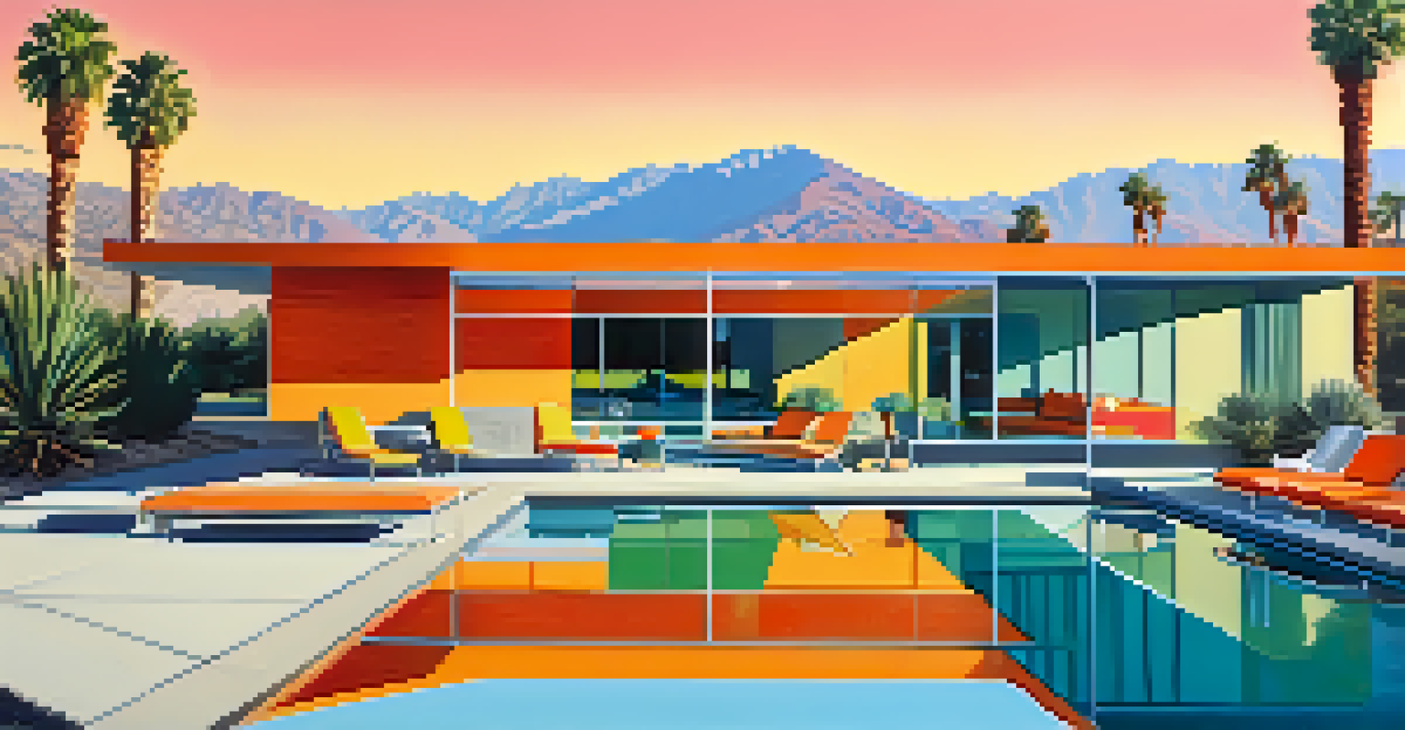 A stylish pool area of a Mid-Century Modern home with colorful lounge chairs and mountains in the background.