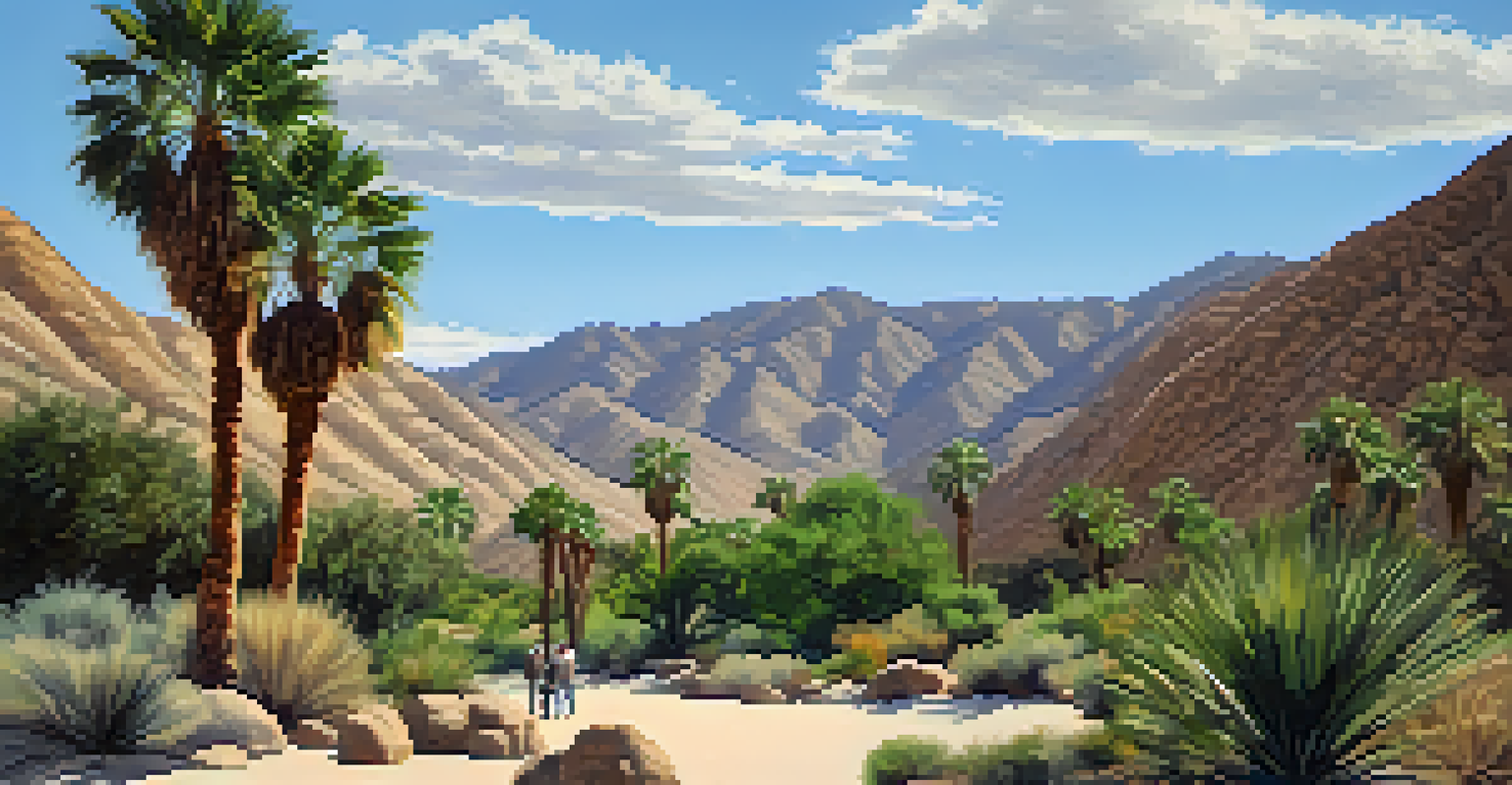 An oasis with palm trees in Borrego Palm Canyon, set against rugged hills under a clear blue sky.