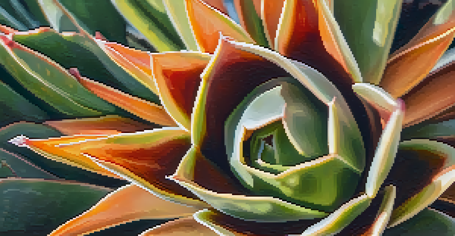 A detailed close-up of a desert succulent showcasing its textures and colors, with a blurred background of desert plants.