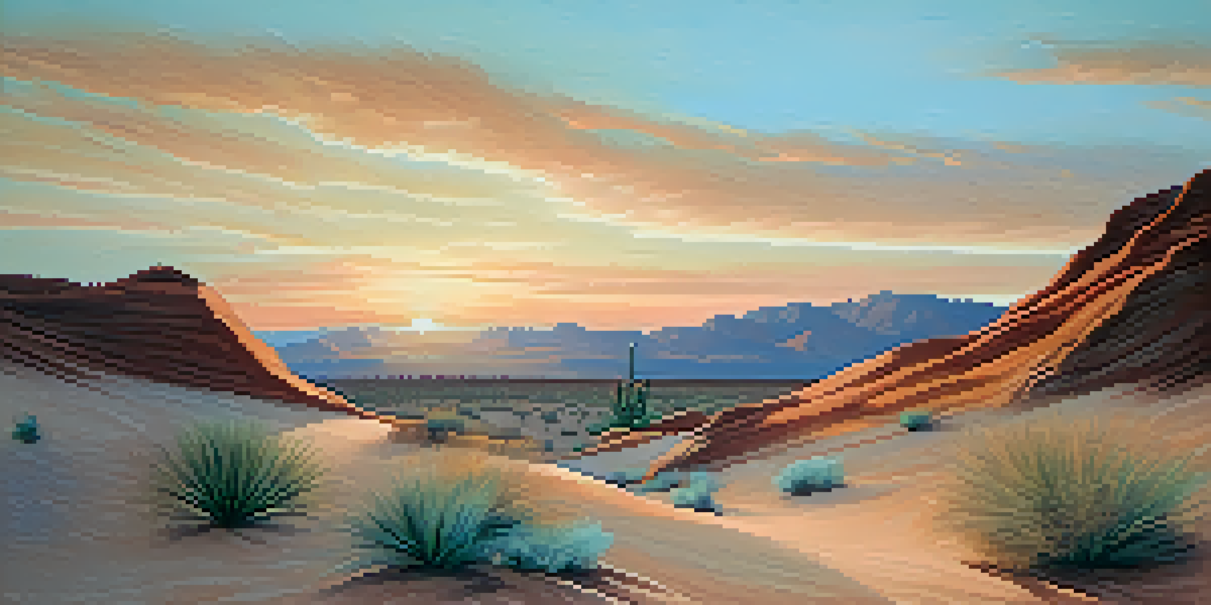 A peaceful desert landscape during sunset with warm earth tones and cool green accents, showcasing the beauty of nature.