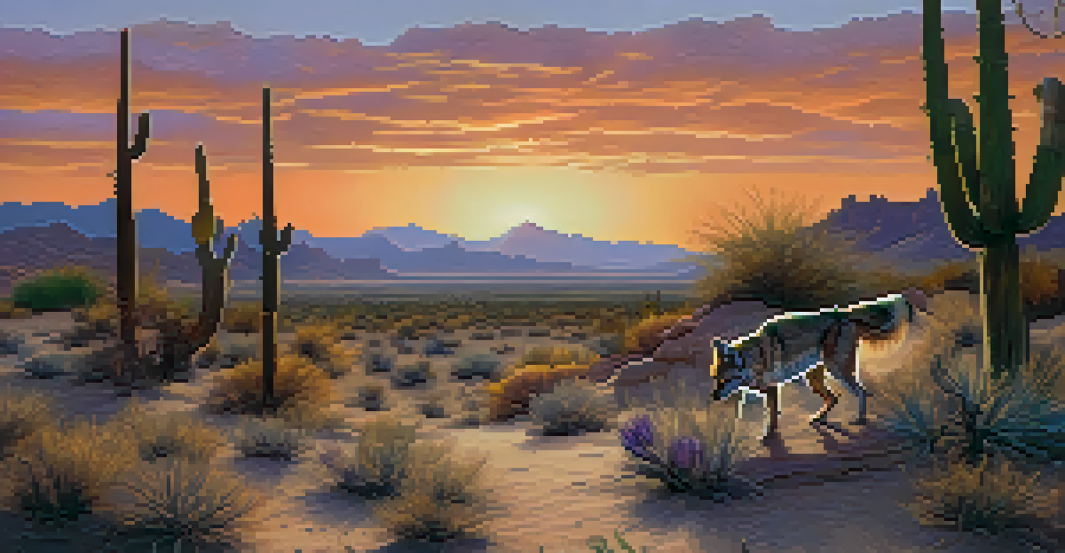 A coyote and a bobcat hunting in the desert at dusk, with a colorful sunset sky and silhouettes of plants.