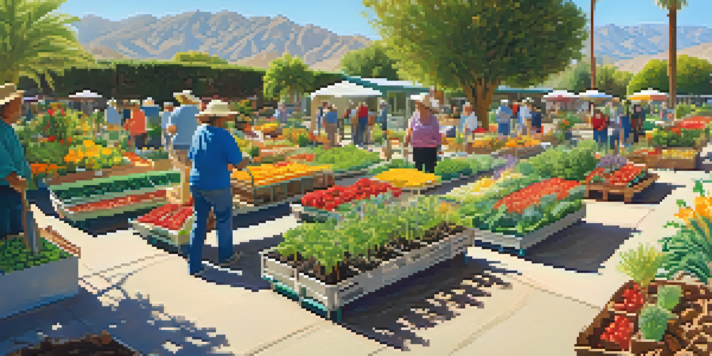 A lively community garden in Palm Springs with diverse people gardening, colorful vegetables, and flowers under a sunny sky.