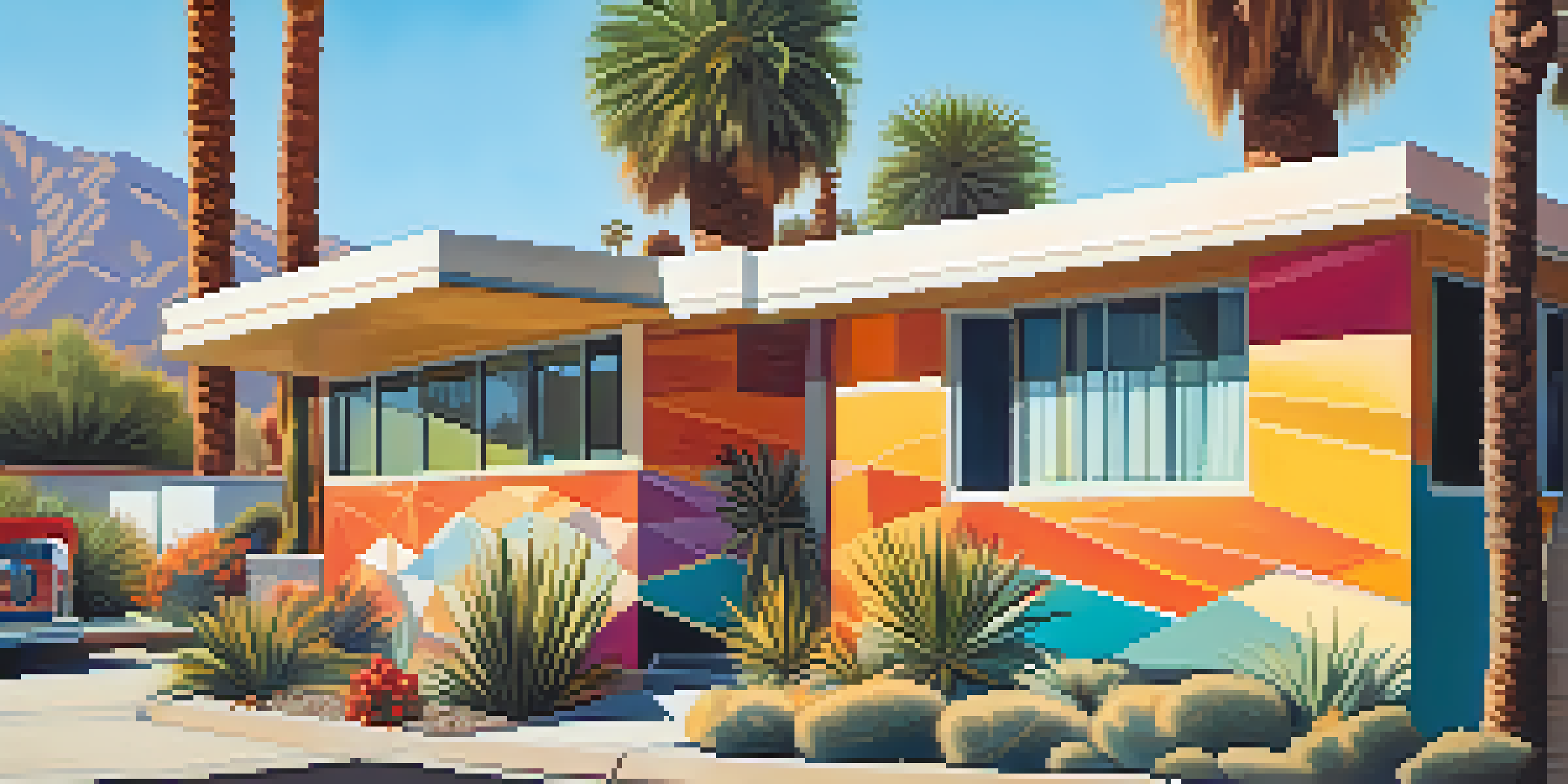 A colorful mural representing the cultural identity of Palm Springs, featuring geometric patterns and local plants, with mid-century modern buildings in the background.