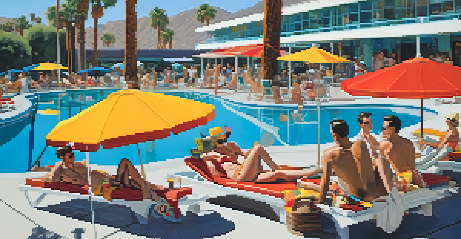 Guests enjoying the pool area at the Riviera Hotel in Palm Springs on a sunny day.