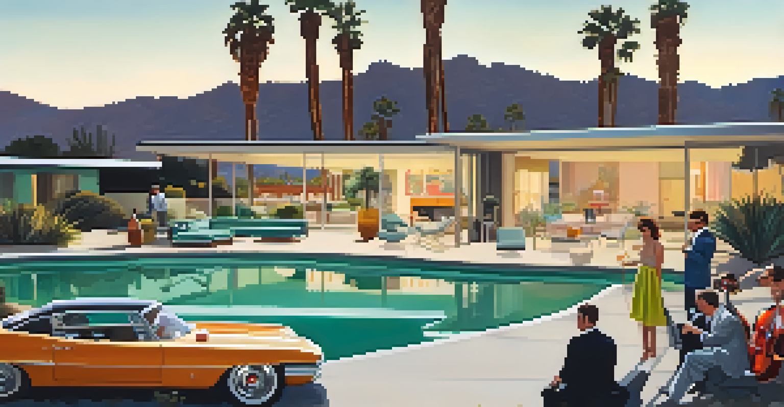 An outdoor music performance in front of a mid-century modern house, with guests enjoying the atmosphere.