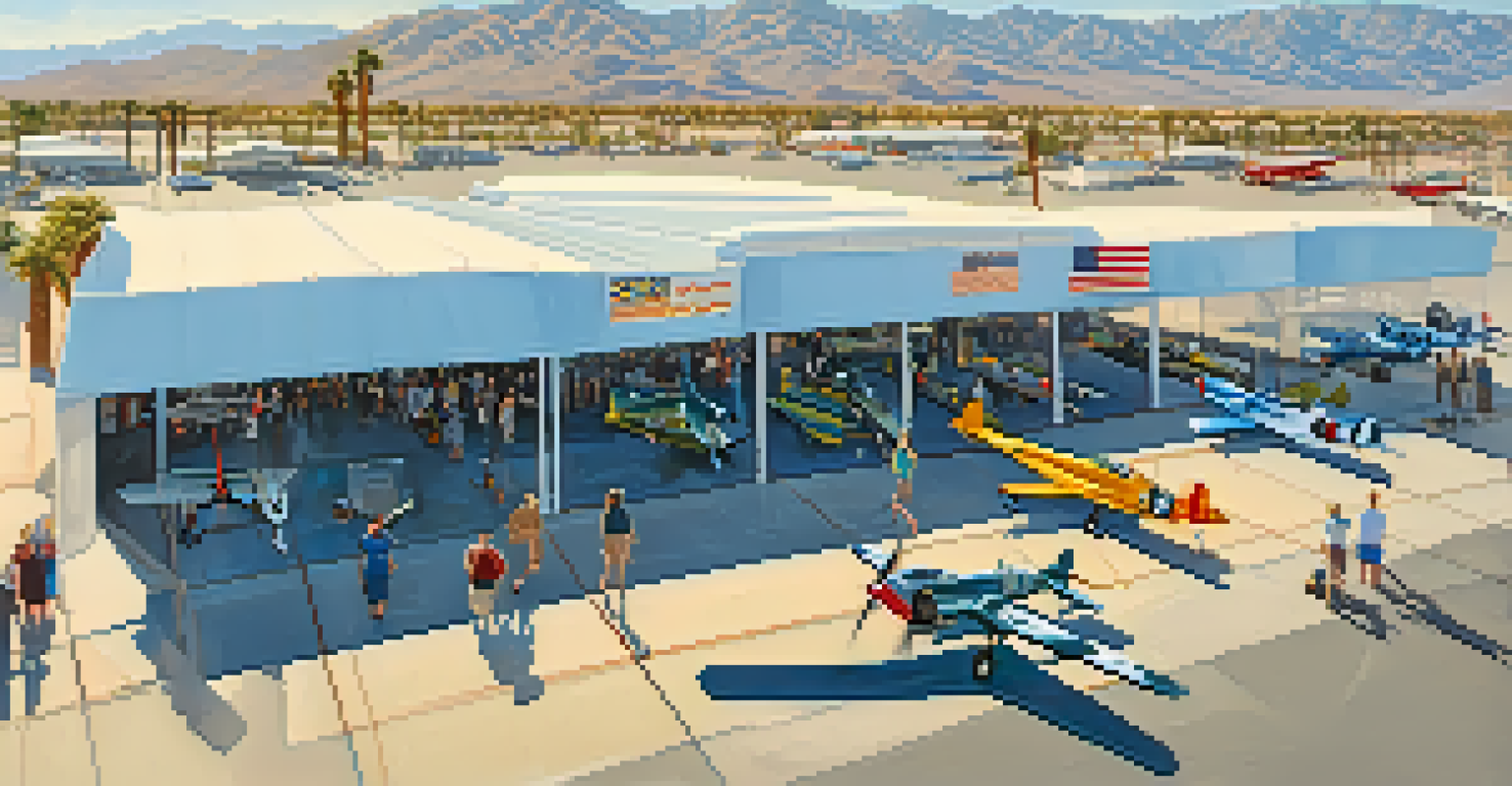 Aerial view of the Palm Springs Air Museum with WWII aircraft and the San Jacinto Mountains in the background.