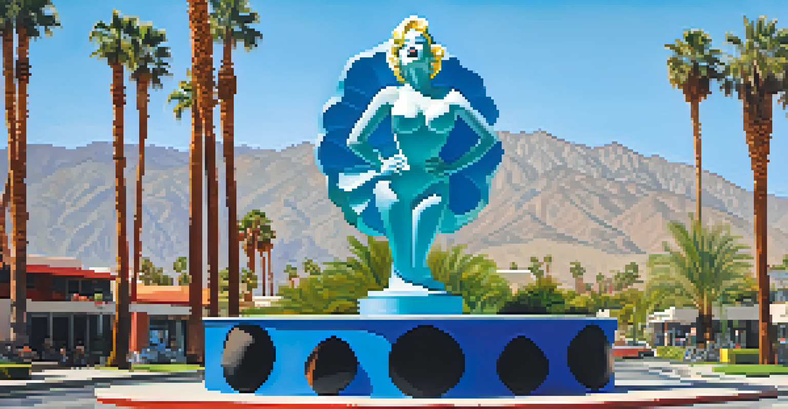 The 'Forever Marilyn' sculpture in Palm Springs, set against a backdrop of palm trees and a clear blue sky.