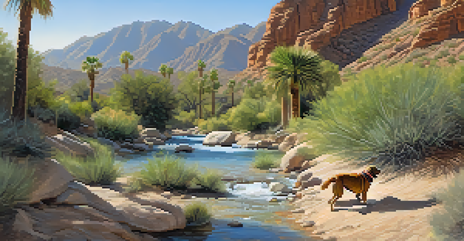 A scenic hiking trail in Indian Canyons with a dog running through a stream and a person enjoying the view.
