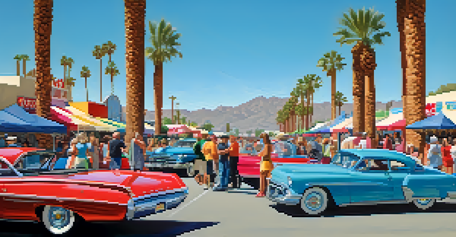 A lively festival in Palm Springs with classic cars, colorful stalls, and people enjoying music under a clear blue sky.