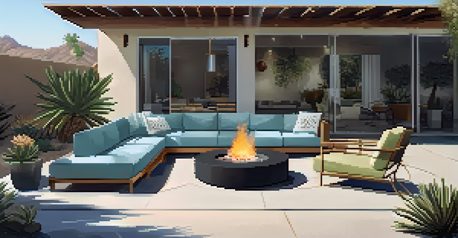 A stylish outdoor patio with modern furniture, a fire pit, and shaded areas, surrounded by minimalist gardens of succulents in a Palm Springs setting.