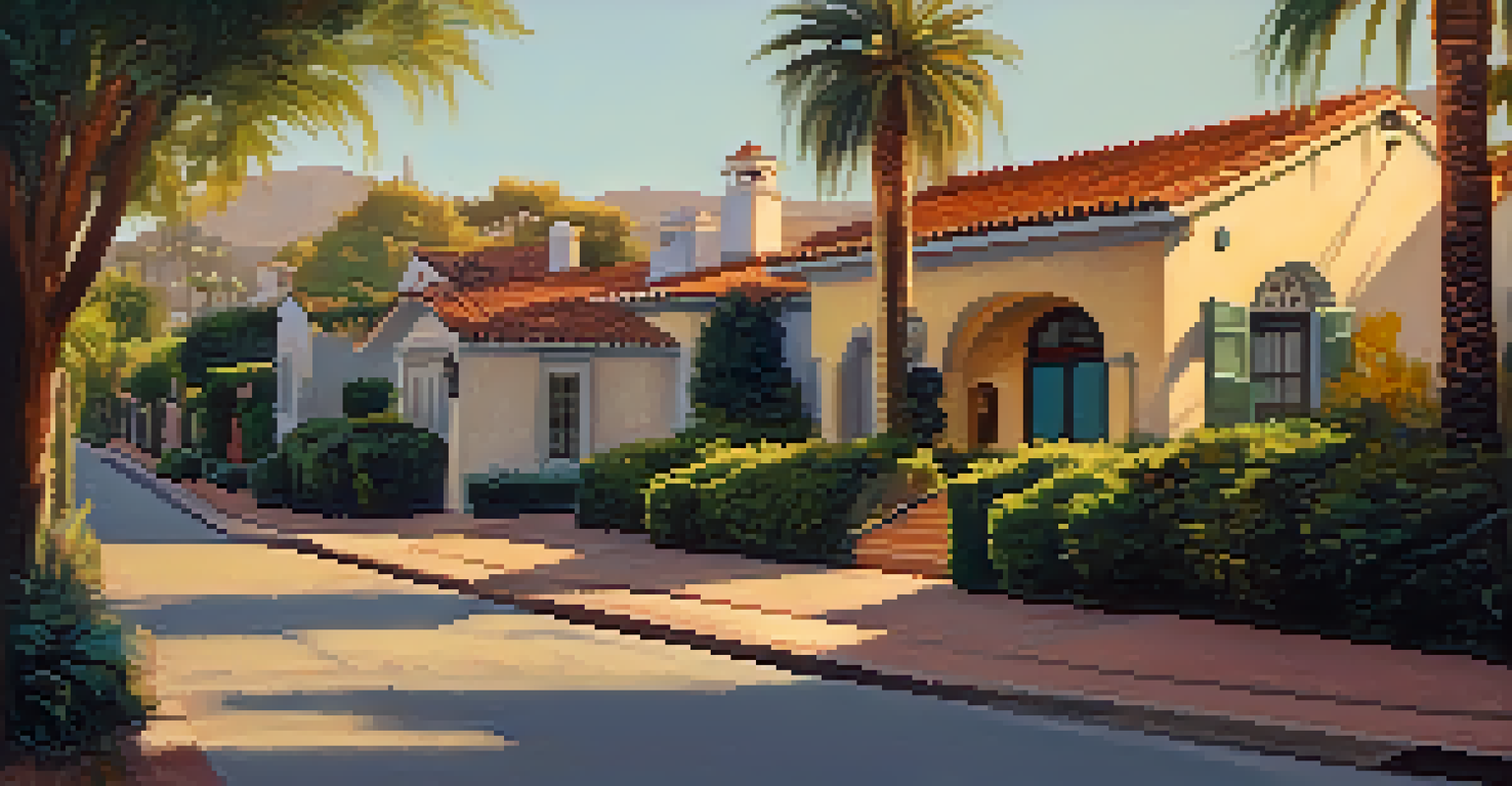 A charming street in the Movie Colony district of Palm Springs, surrounded by gardens and classic architecture.
