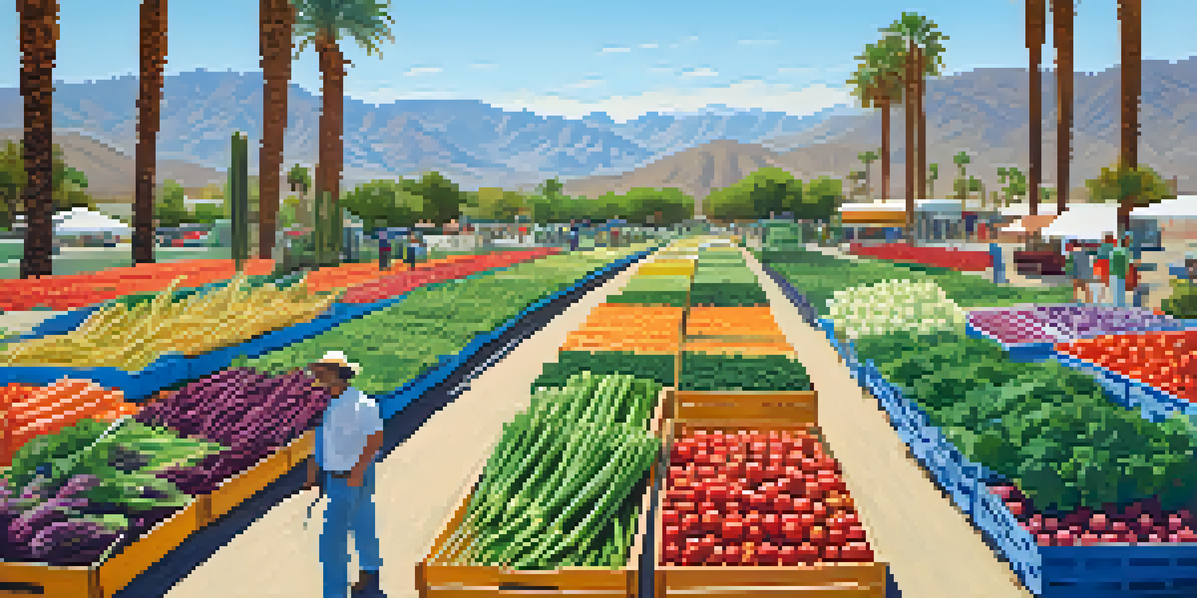 A lively farm scene in Palm Springs with farmers and community members interacting, surrounded by colorful organic vegetables and desert scenery.