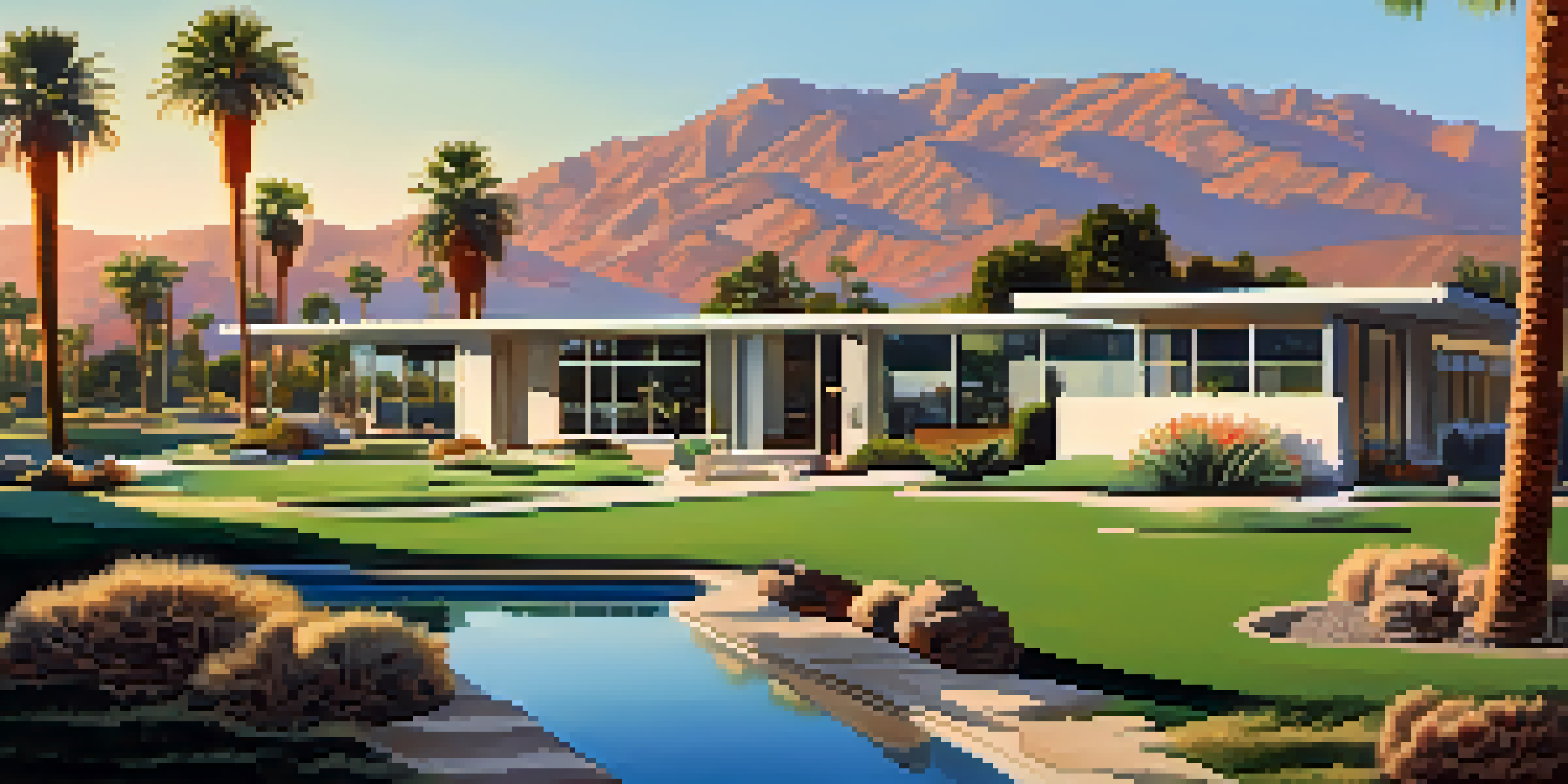 A peaceful desert scene depicting mid-century modern homes, palm trees, and a golf course in Palm Springs during the pre-war era, with a golden sunset in the background.