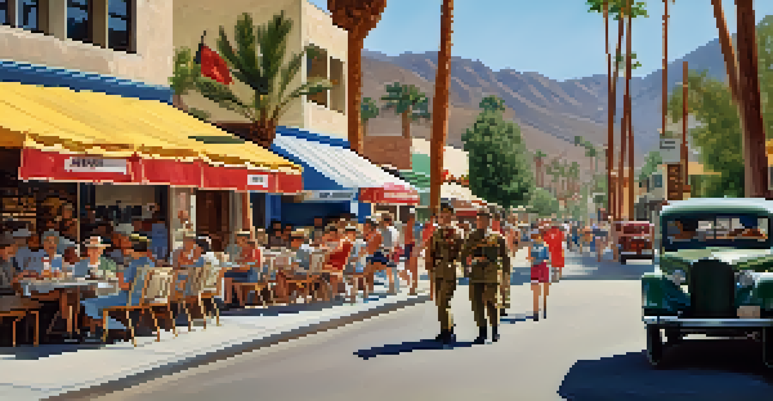 A lively street scene in Palm Springs during World War II, featuring soldiers and residents mingling among shops and outdoor dining, with patriotic decorations.