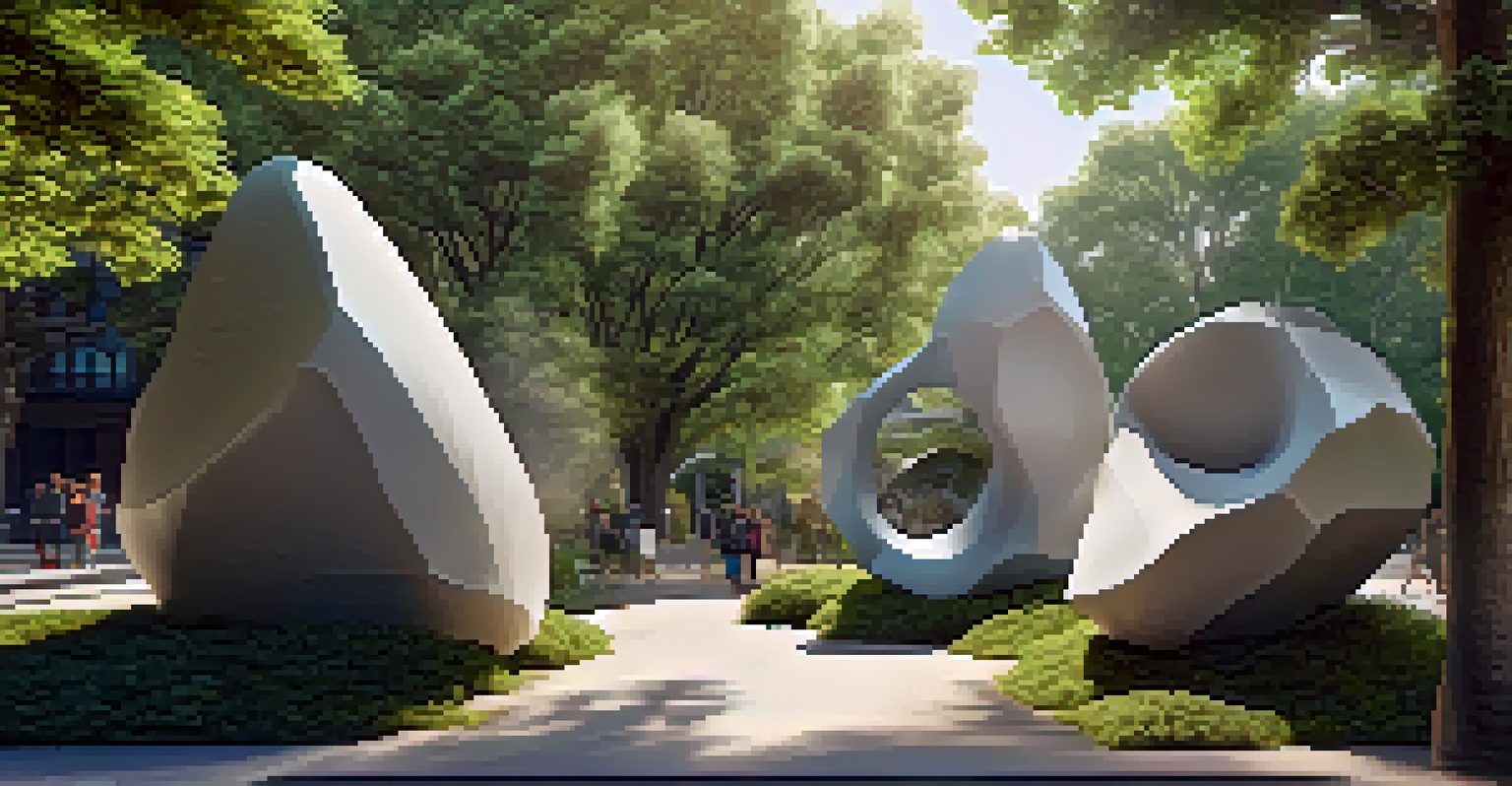 An outdoor art installation featuring large organic sculptures made from recycled materials in a park setting.