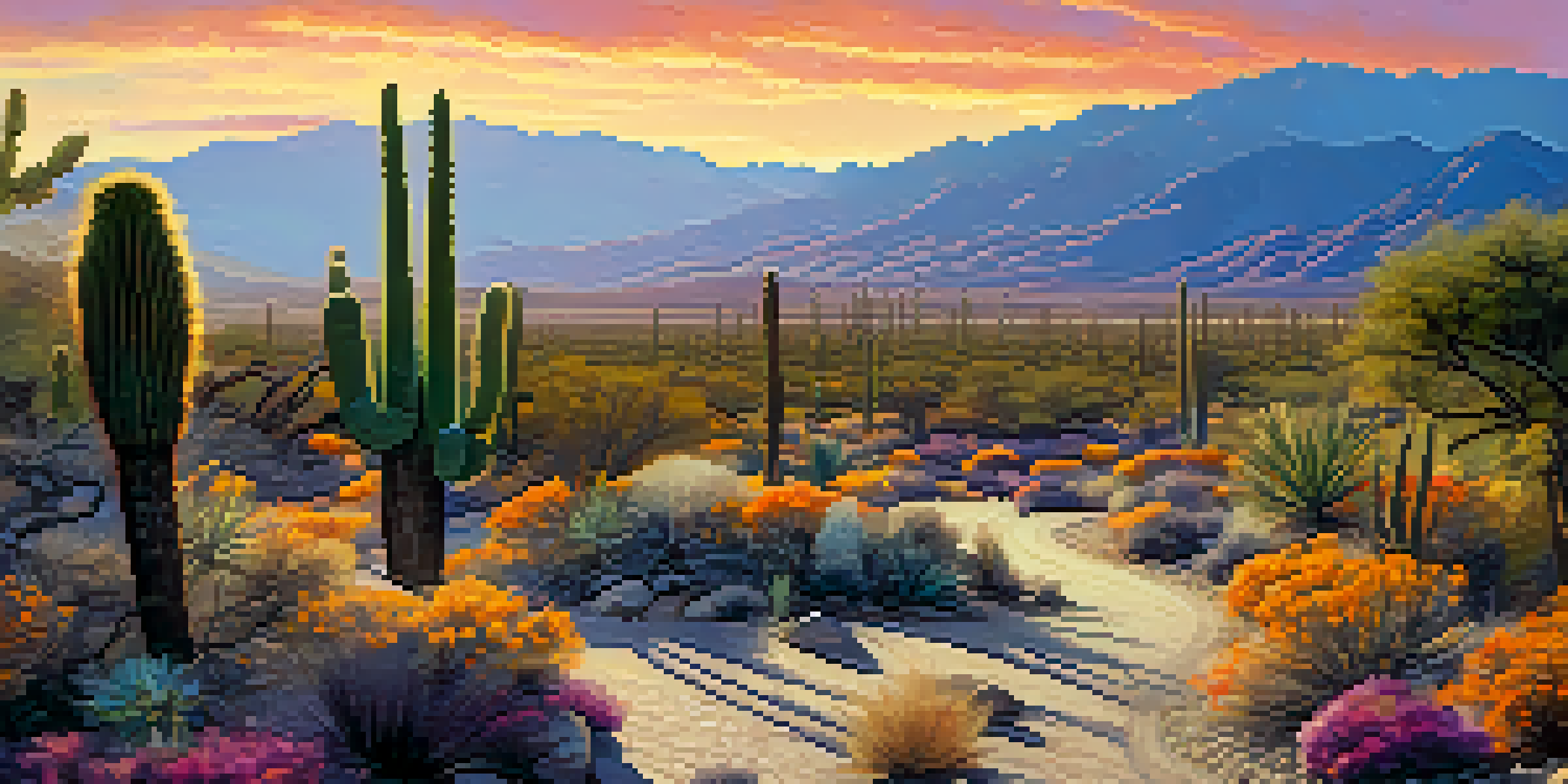A scenic desert landscape in Palm Springs at sunrise with a winding trail and colorful sky.