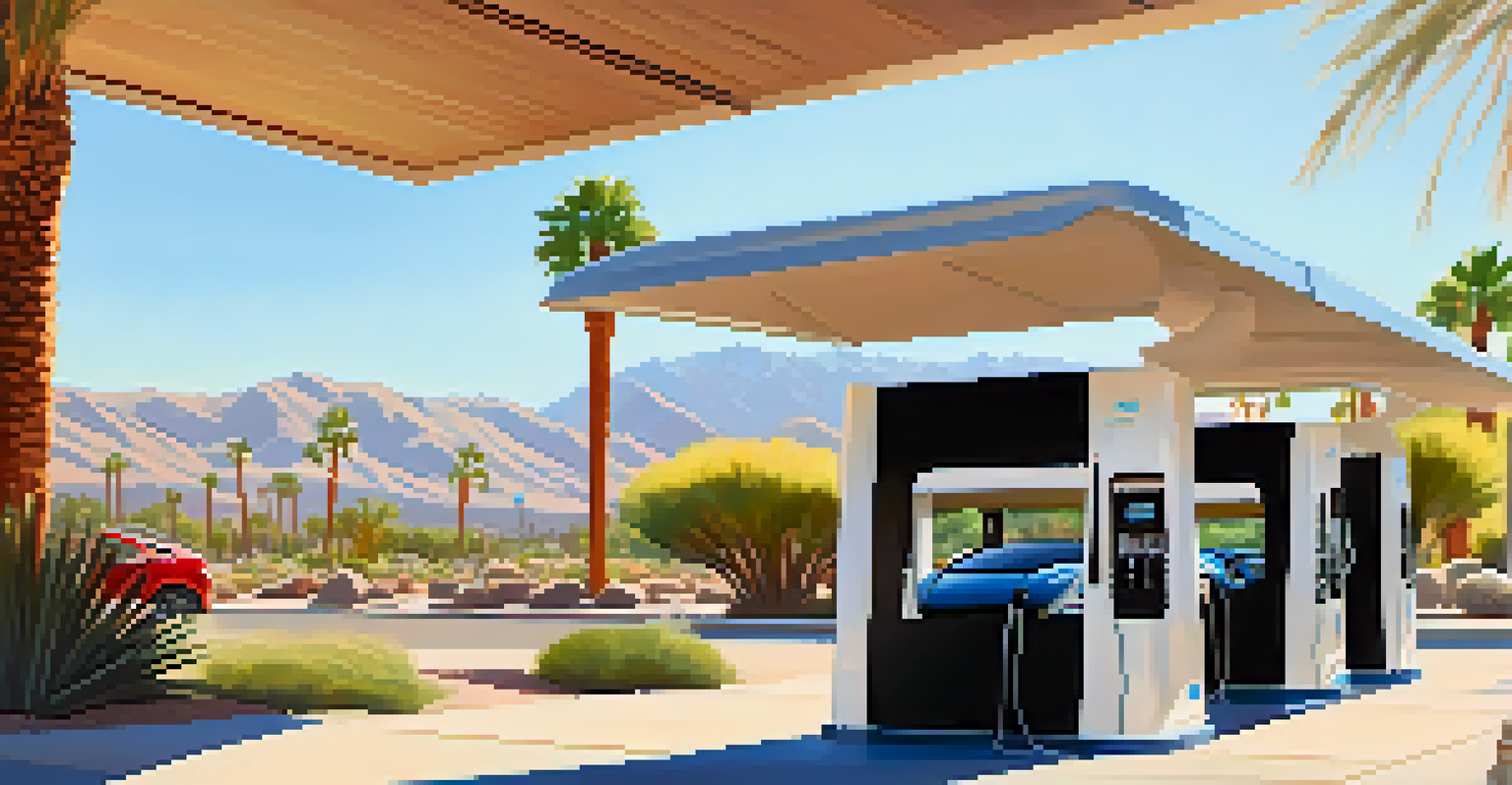 A charging station in Palm Springs with desert landscaping and blooming flowers, featuring electric cars plugged in.
