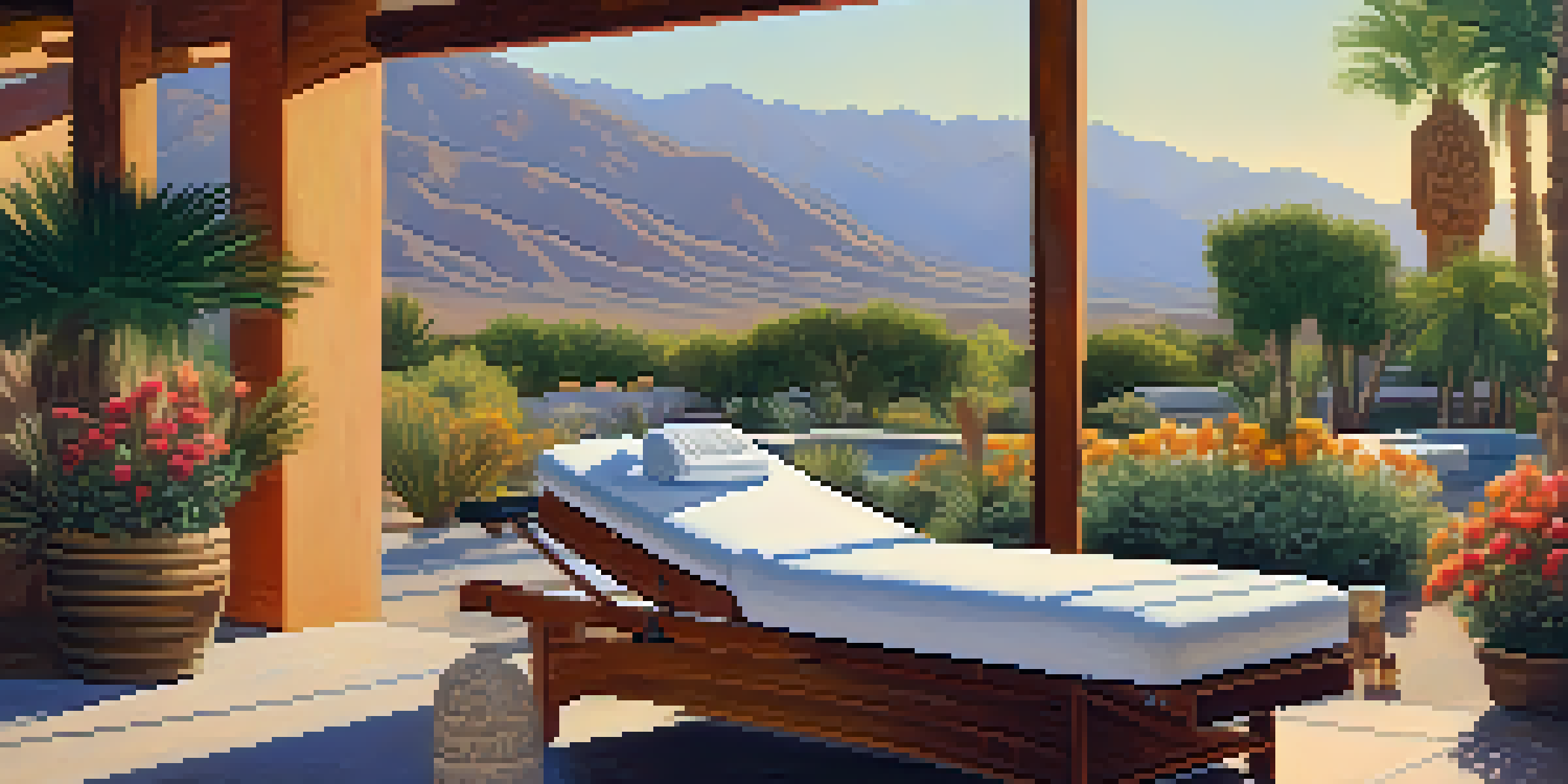 An outdoor spa setup with a massage table surrounded by greenery and flowers, under a sunset sky.