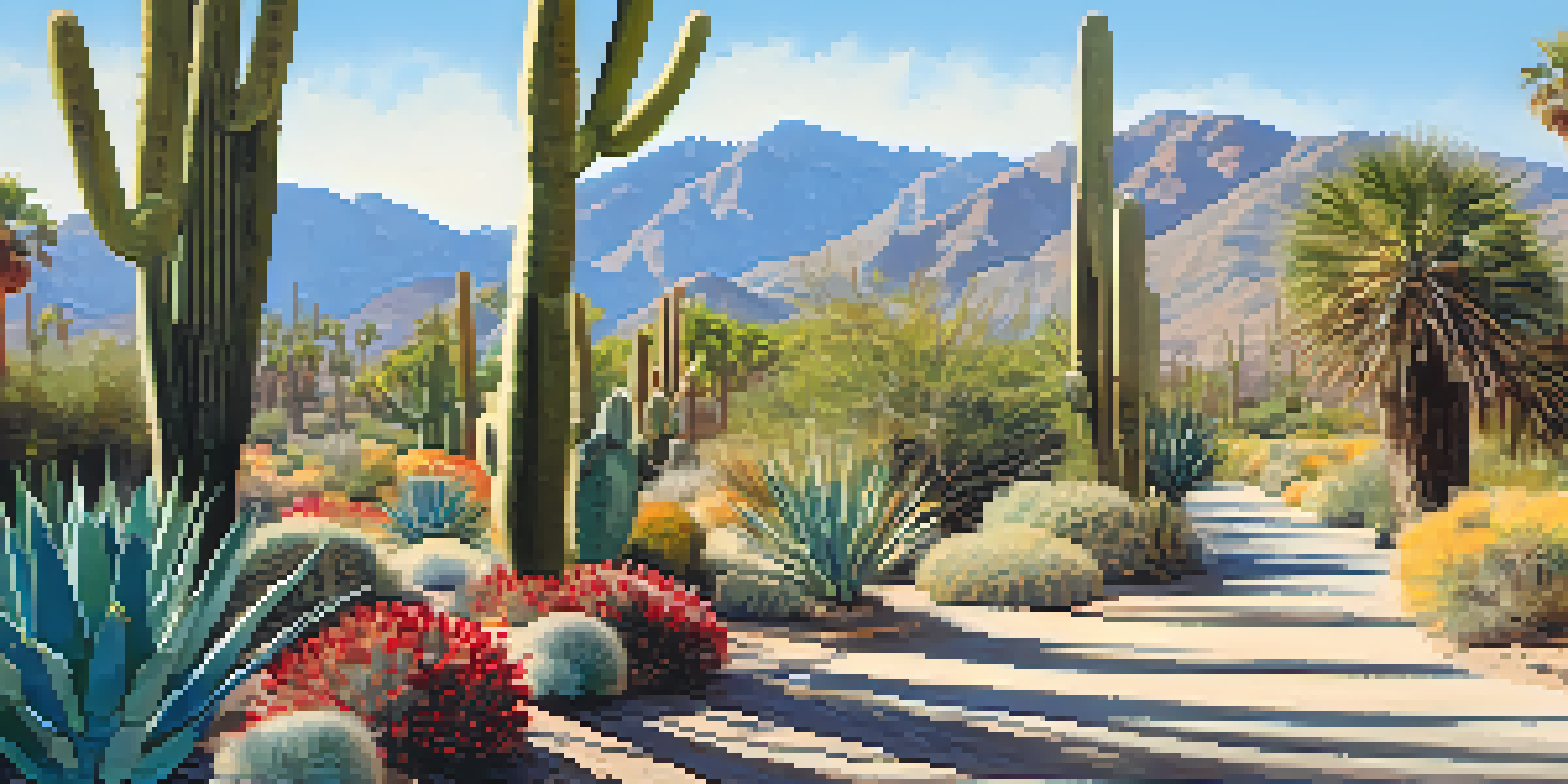 A colorful scene featuring different types of cacti, including tall saguaros and round barrel cacti, with a sandy path and blue sky in the background.