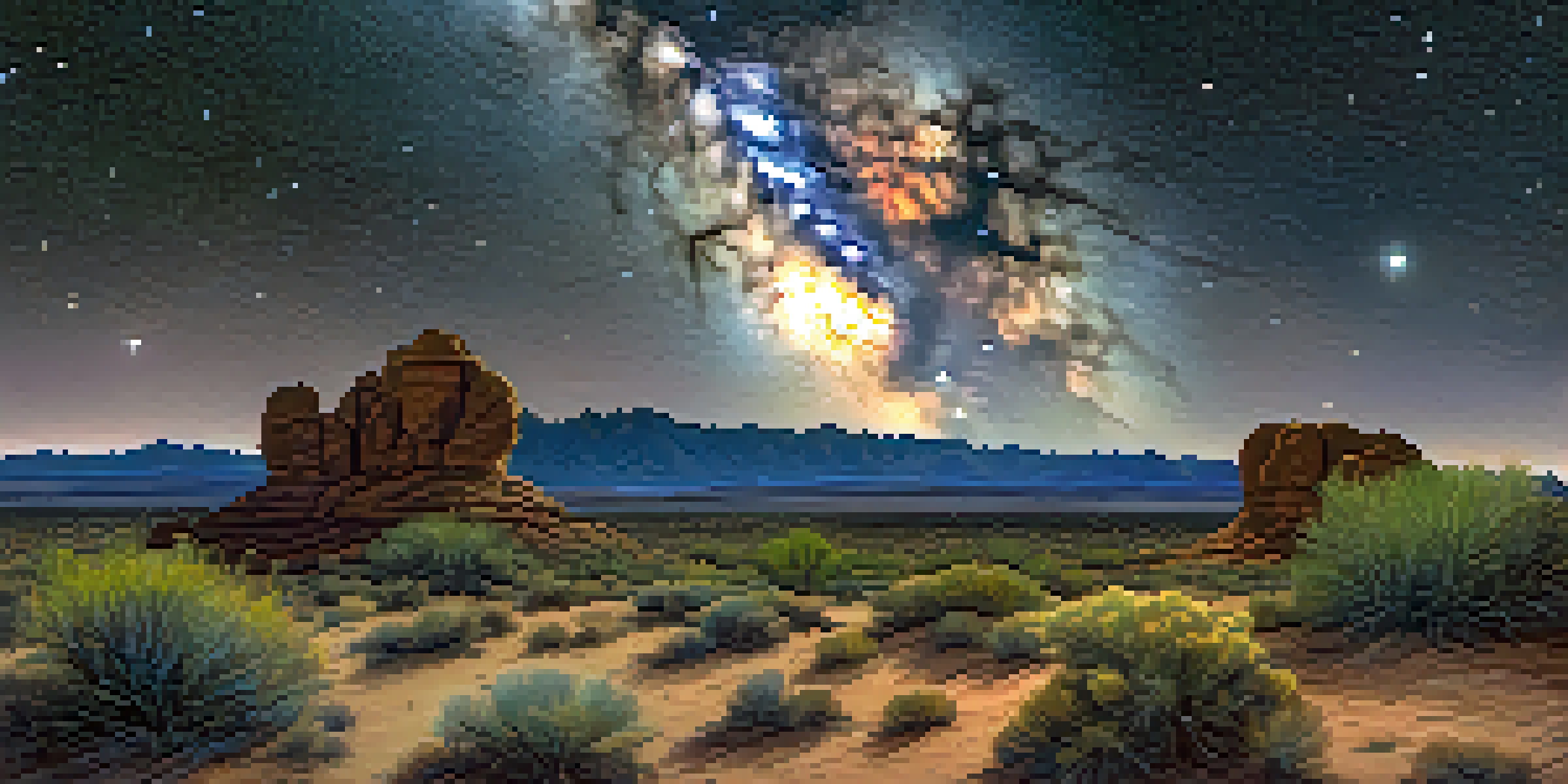A night sky filled with stars and the Milky Way over a desert landscape.