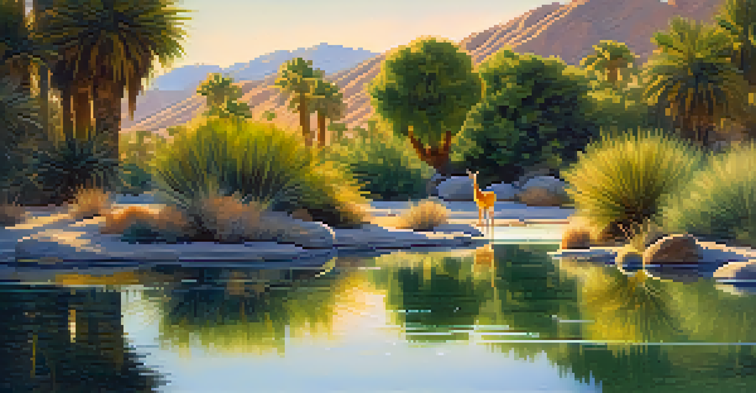A peaceful oasis in the desert with a natural spring, surrounded by lush vegetation and birds, with a deer drinking water, illuminated by the setting sun.