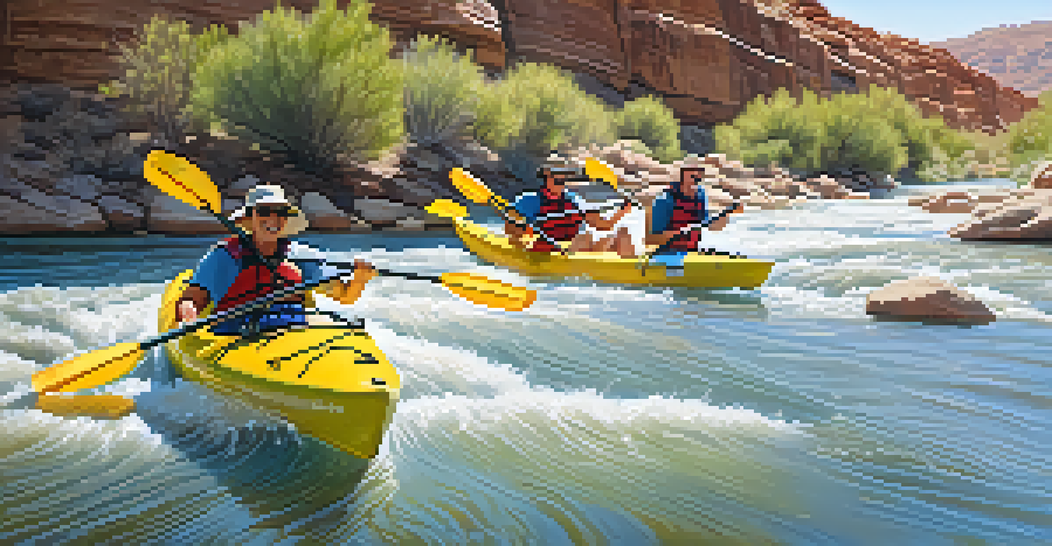 A group of friends kayaking on a river, surrounded by desert scenery, enjoying a sunny day.