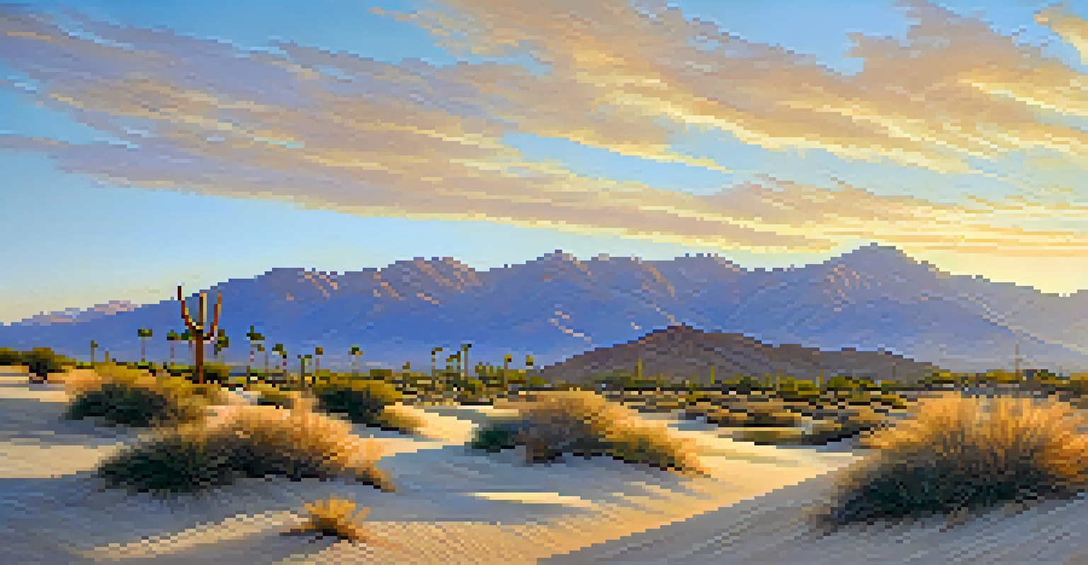 An expansive view of the Palm Springs desert landscape with sand dunes and distant mountains at sunrise.