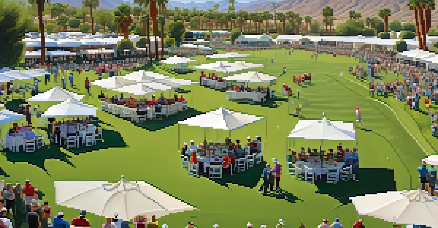 Aerial view of a lively golf tournament in Palm Springs, featuring spectators, colorful vendors, and a beautifully manicured course.