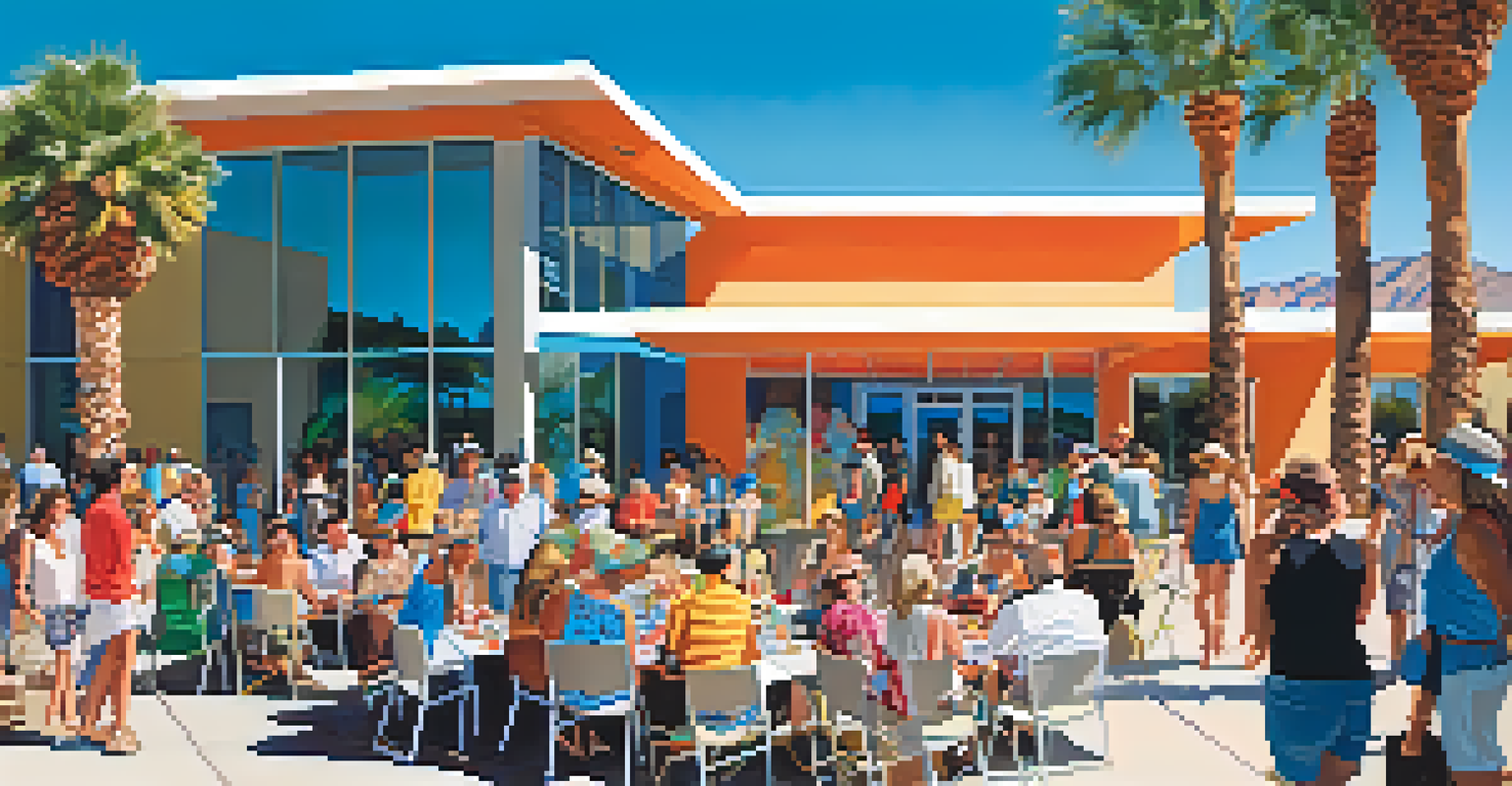 A lively outdoor scene at the Palm Springs Cultural Center, with people enjoying art and performances amidst modern architecture.
